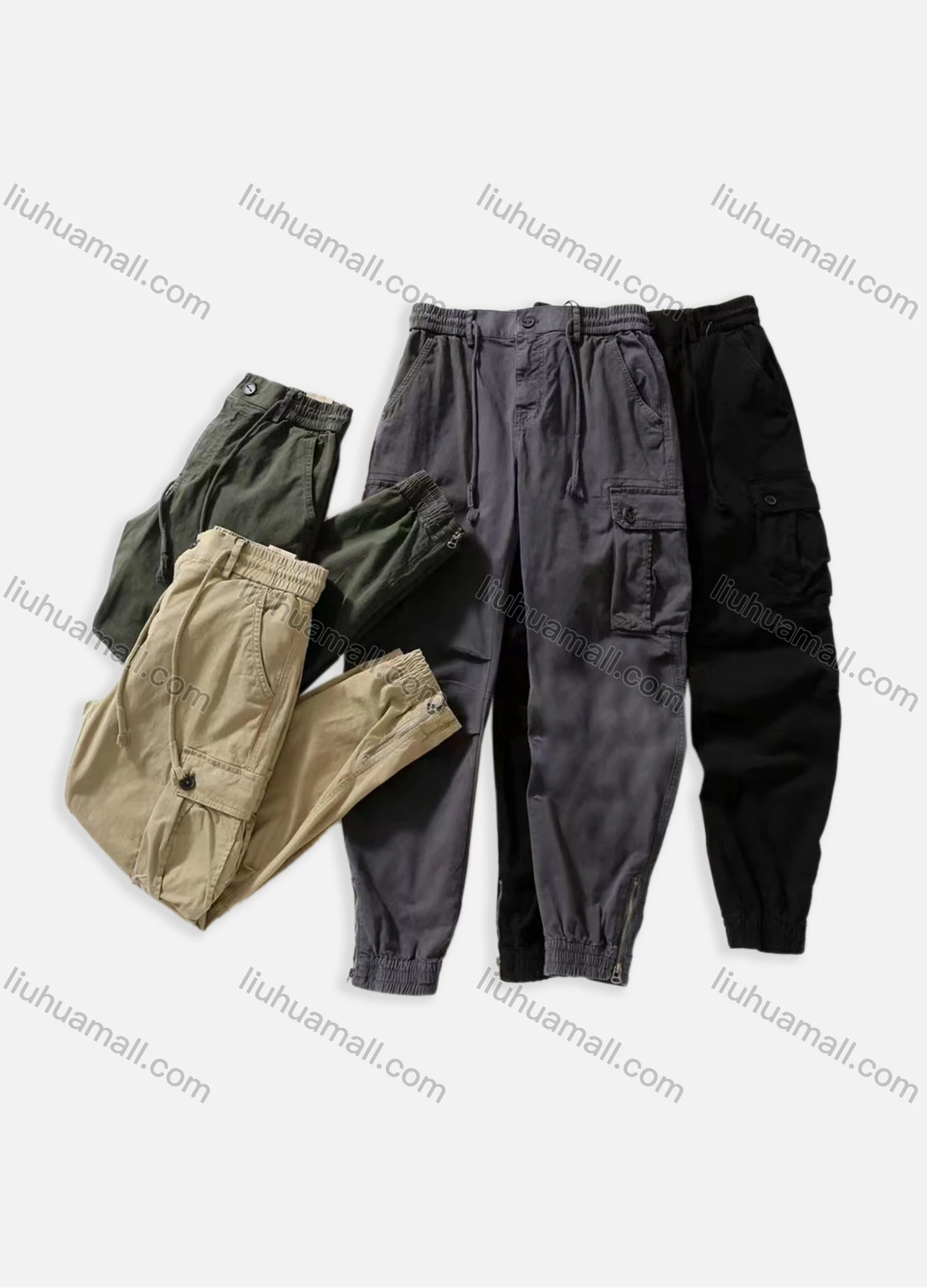Wholesale Men's Casual Plain Multiple Pockets Button Closure Cargo Pants W9102# - Liuhuamall