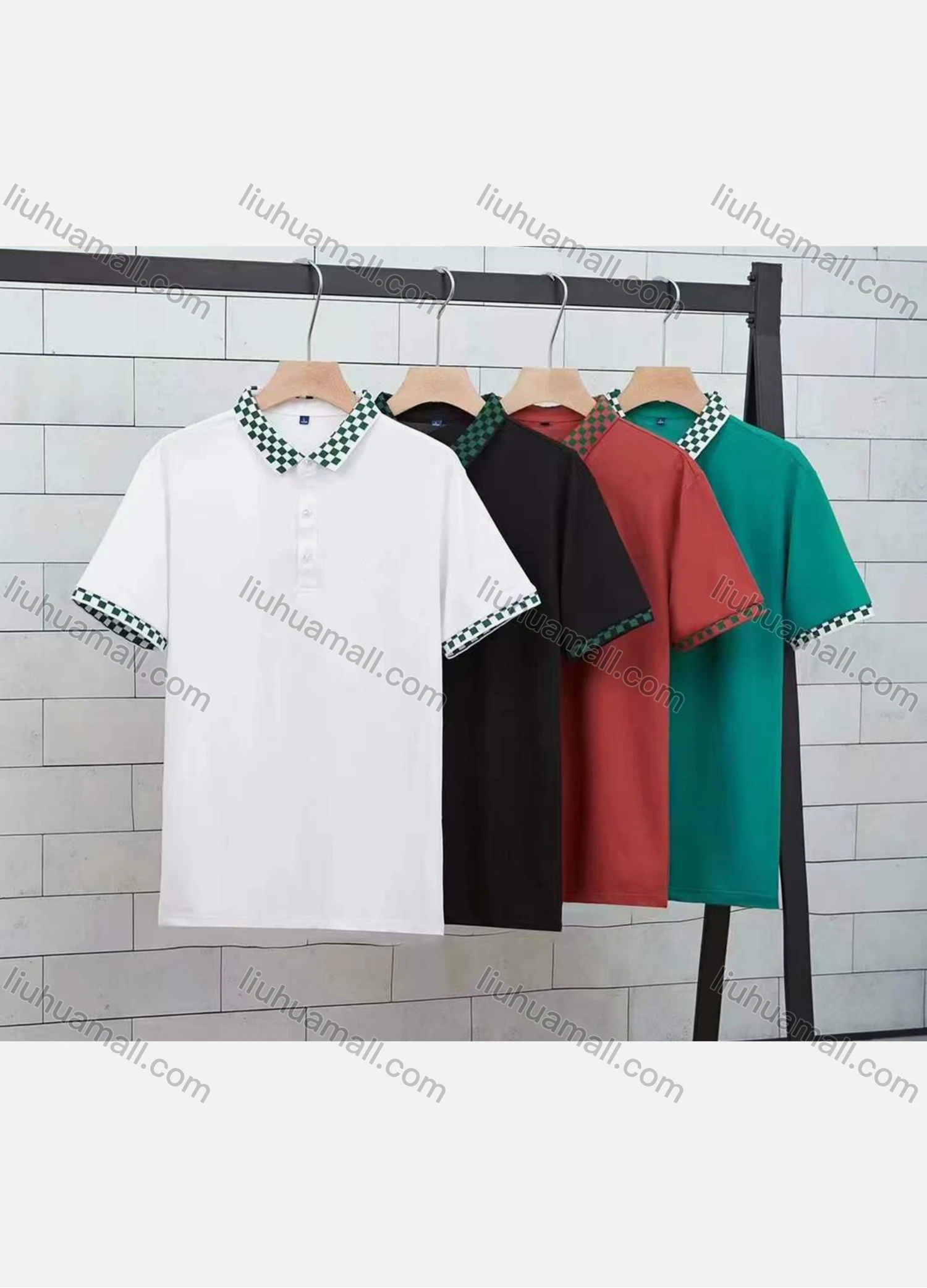 Wholesale Men's Casual Checkerboard Trim Short Sleeve Polo Shirt - Liuhuamall
