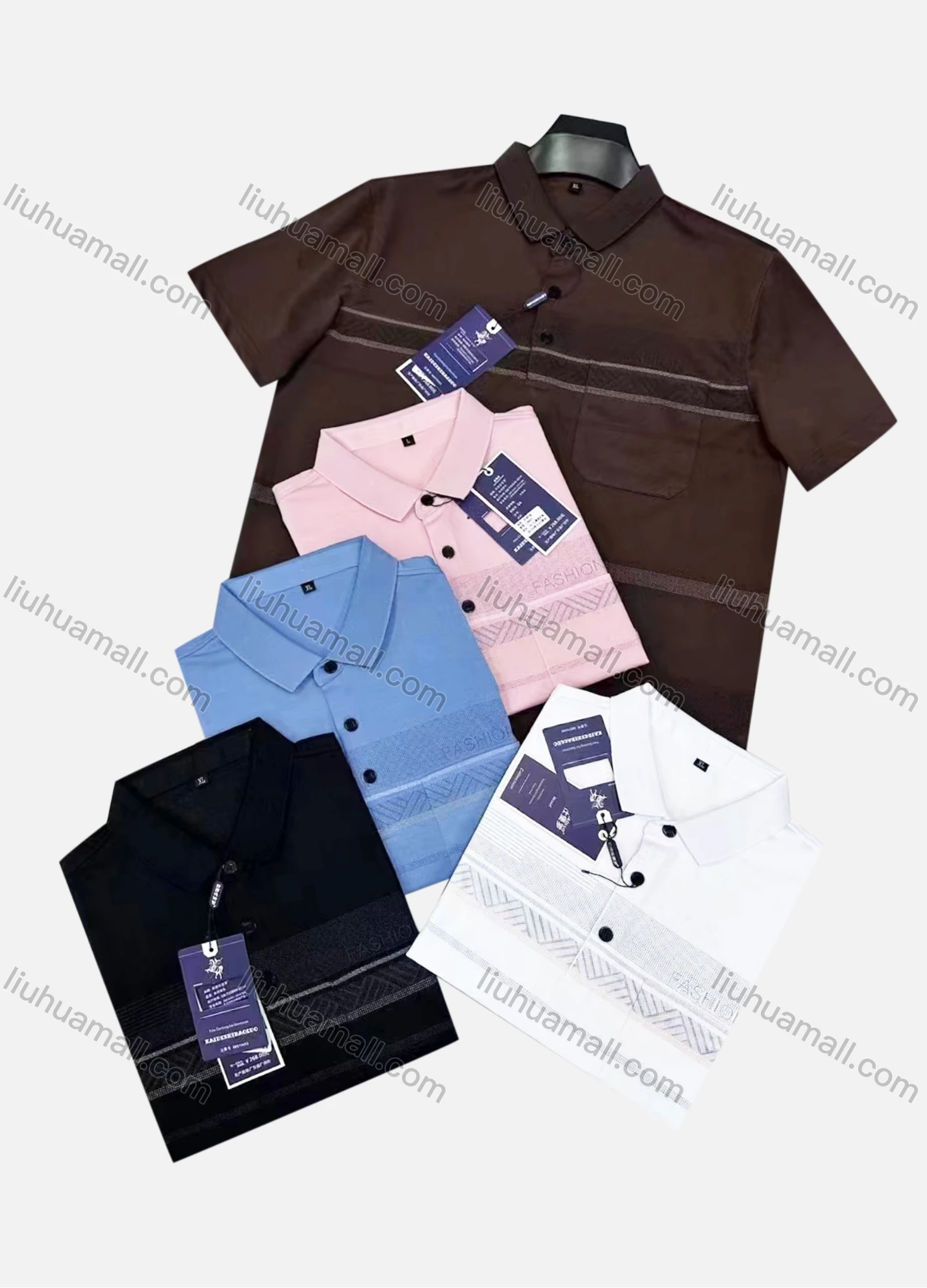 Wholesale Men's Casual Striped Patch Pocket Short Sleeve Polo Shirt 28801# - Liuhuamall