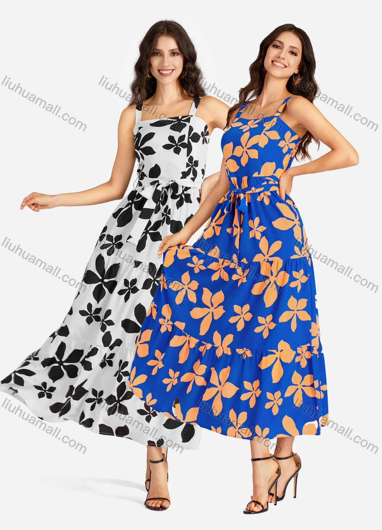 Wholesale Women's Casual Square Neck Floral Print Shirred Ruffle Hem Maxi Cami Dress With Belt - Liuhuamall