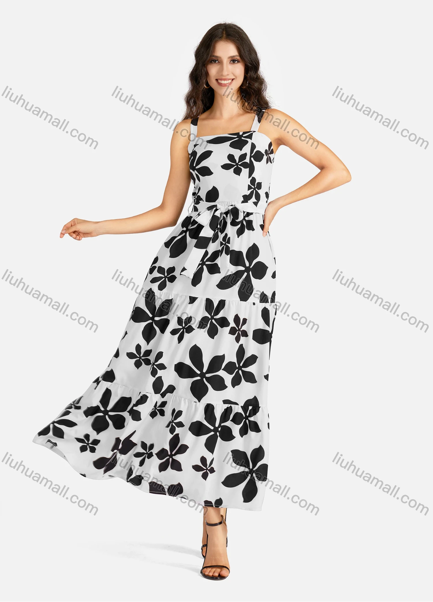 Wholesale Women's Casual Square Neck Floral Print Shirred Ruffle Hem Maxi Cami Dress With Belt - Liuhuamall