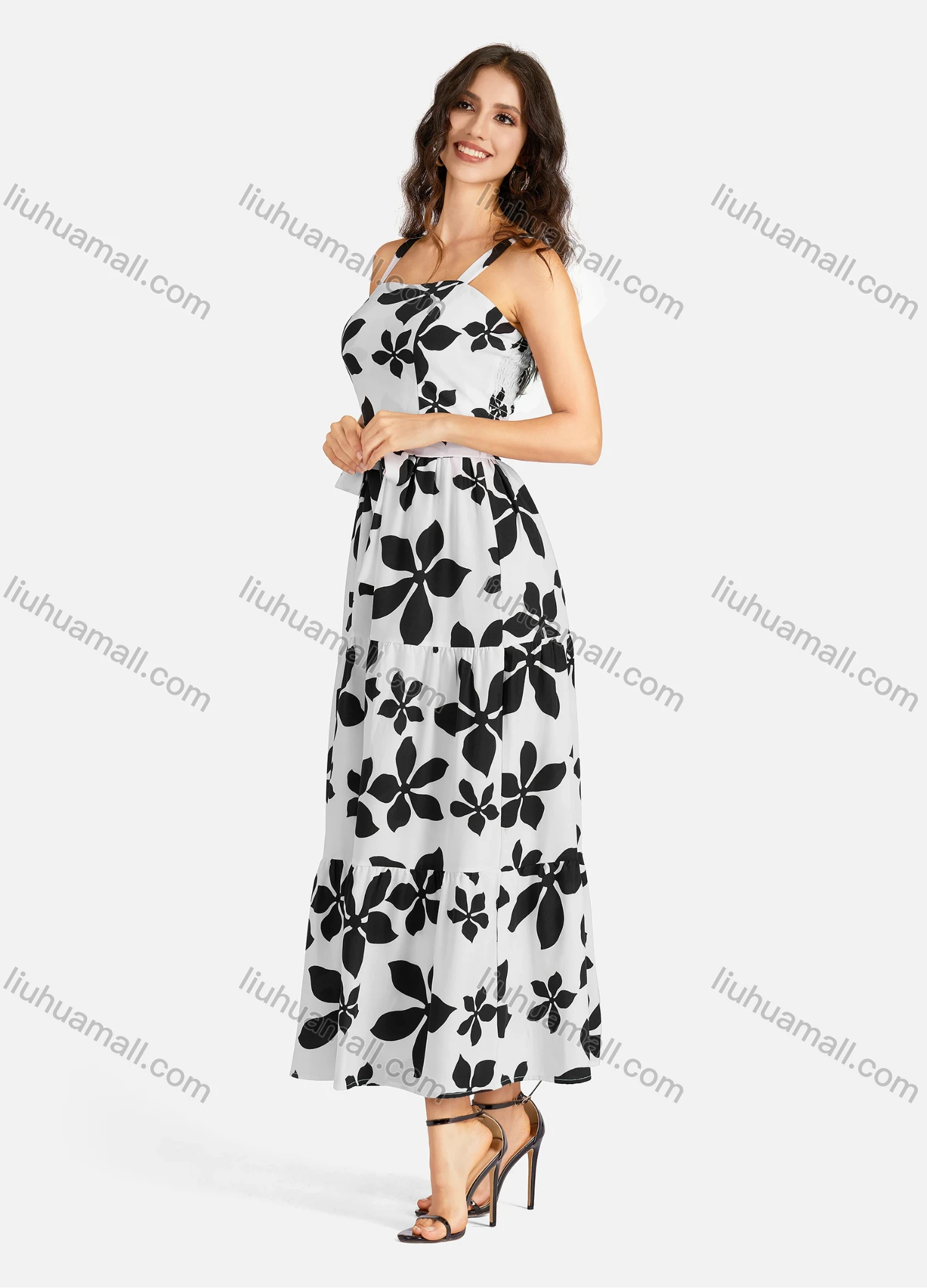 Wholesale Women's Casual Square Neck Floral Print Shirred Ruffle Hem Maxi Cami Dress With Belt - Liuhuamall