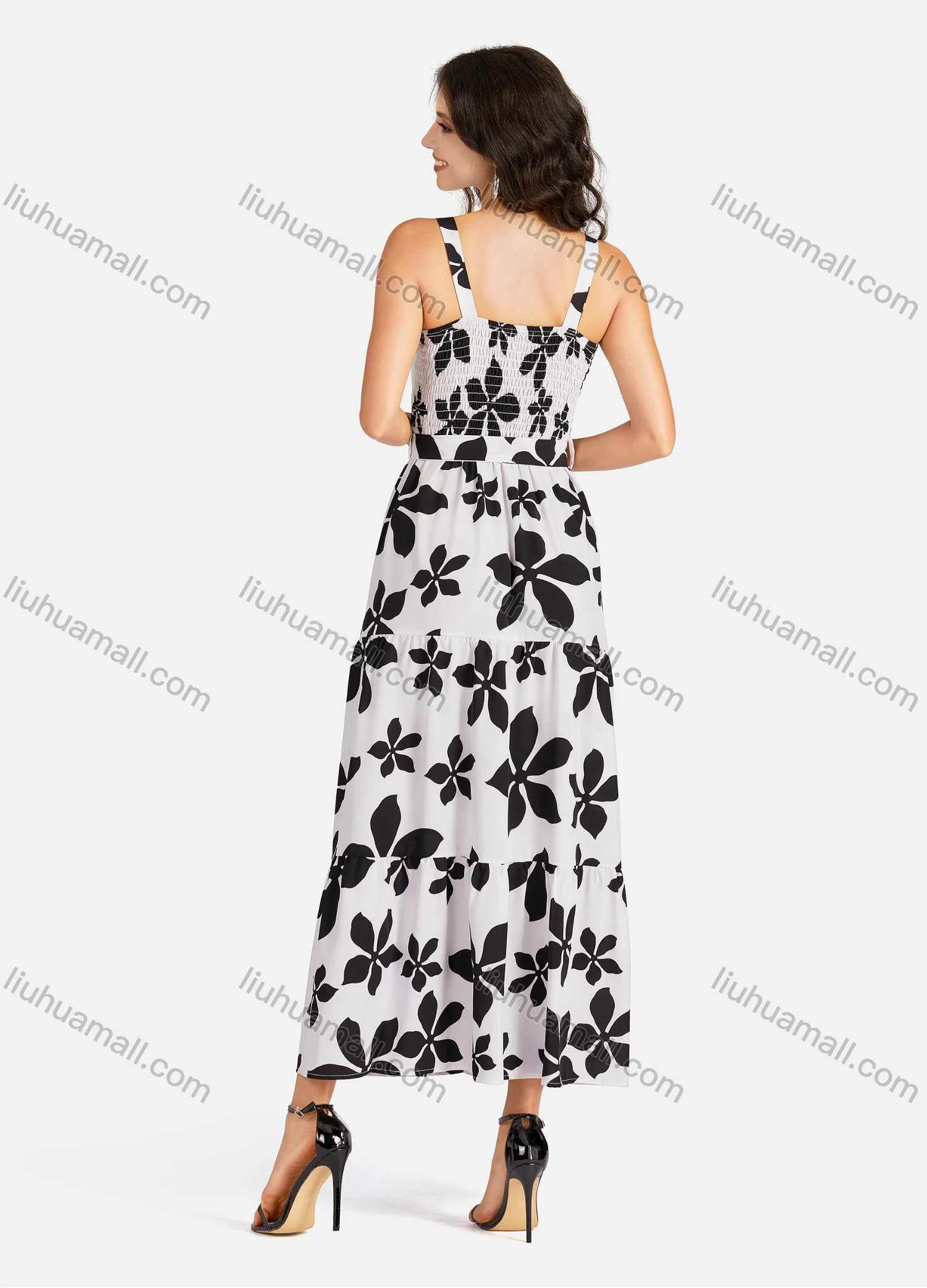 Wholesale Women's Casual Square Neck Floral Print Shirred Ruffle Hem Maxi Cami Dress With Belt - Liuhuamall