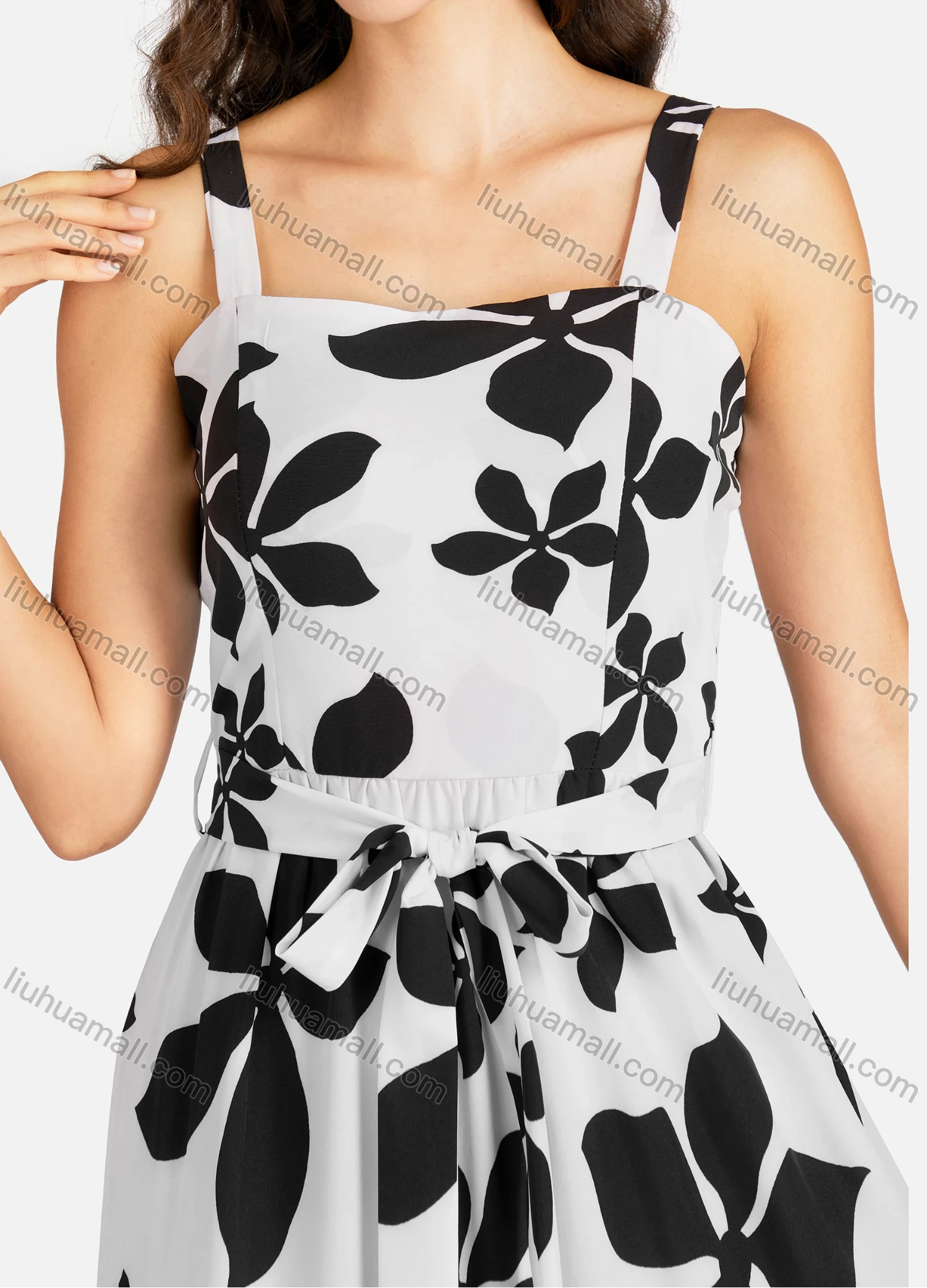 Wholesale Women's Casual Square Neck Floral Print Shirred Ruffle Hem Maxi Cami Dress With Belt - Liuhuamall