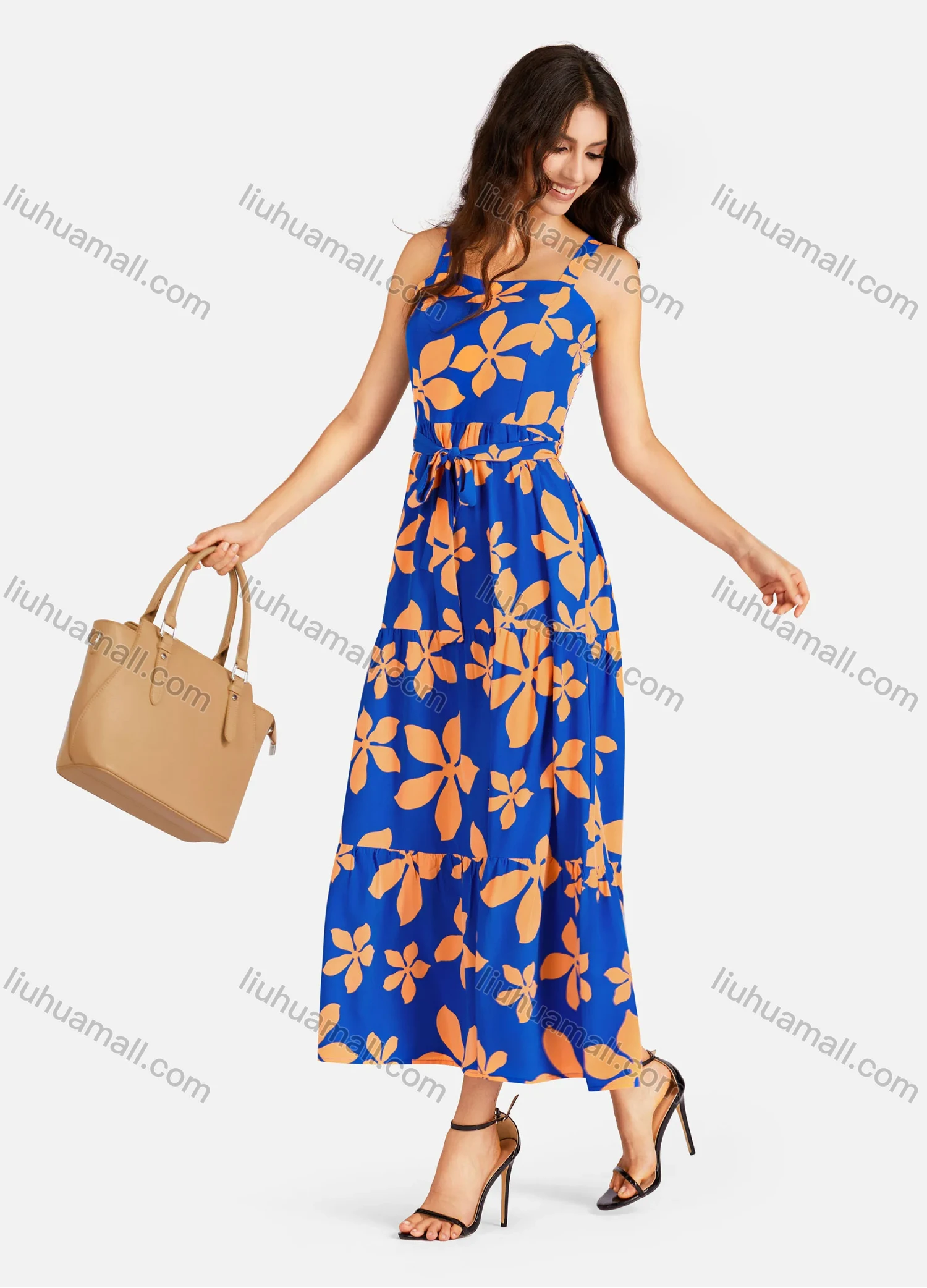 Wholesale Women's Casual Square Neck Floral Print Shirred Ruffle Hem Maxi Cami Dress With Belt - Liuhuamall