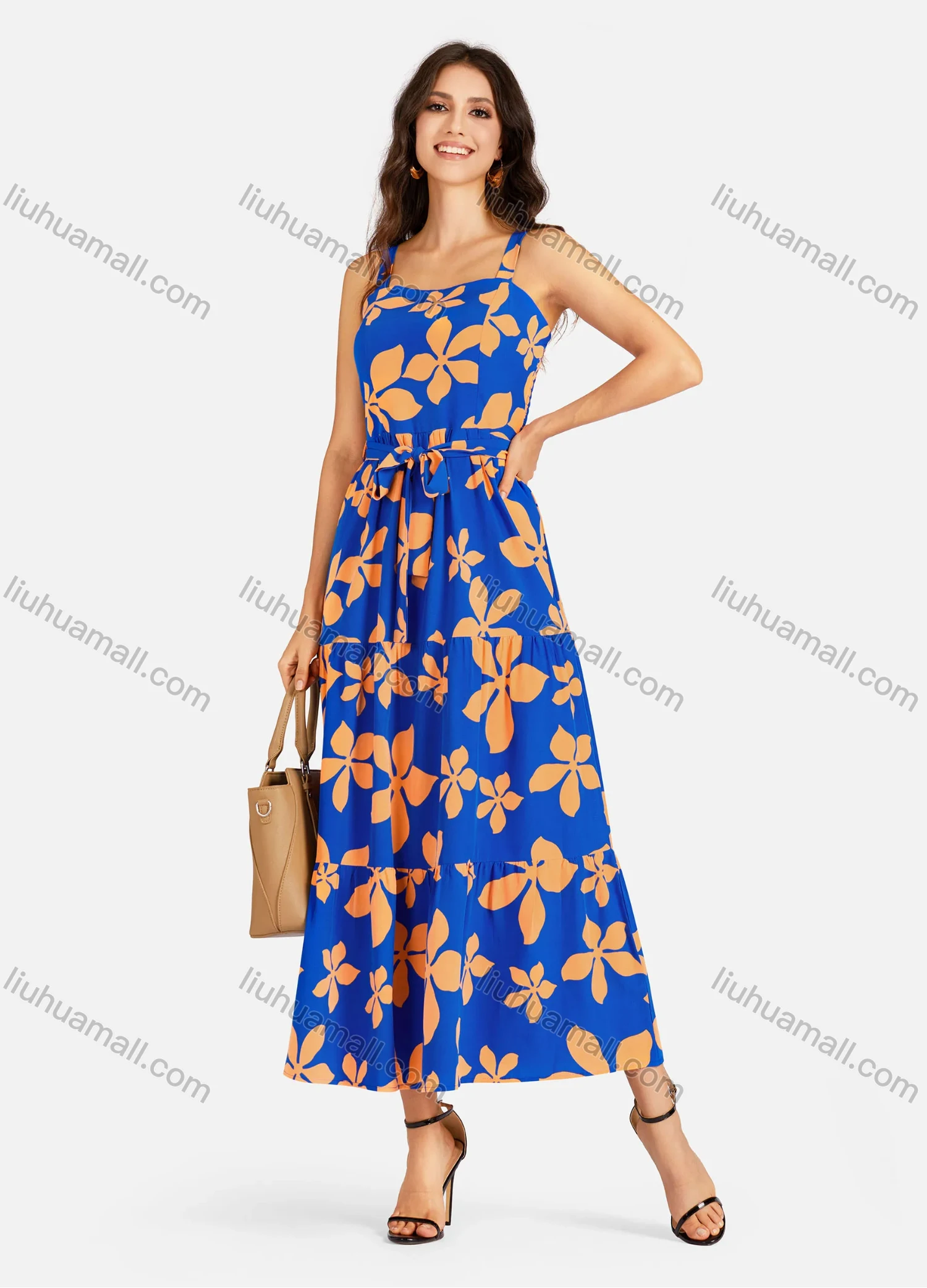 Wholesale Women's Casual Square Neck Floral Print Shirred Ruffle Hem Maxi Cami Dress With Belt - Liuhuamall