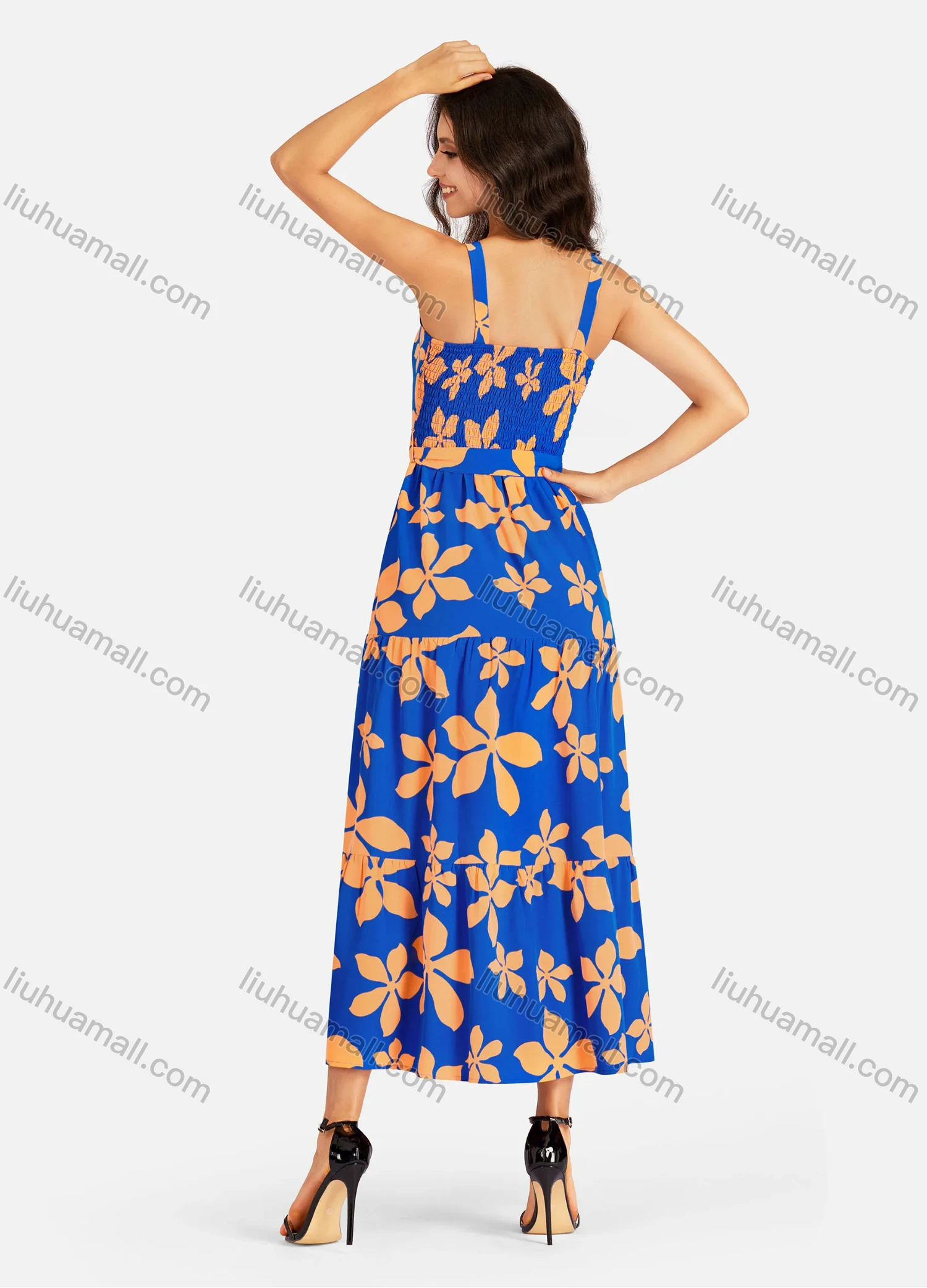 Wholesale Women's Casual Square Neck Floral Print Shirred Ruffle Hem Maxi Cami Dress With Belt - Liuhuamall