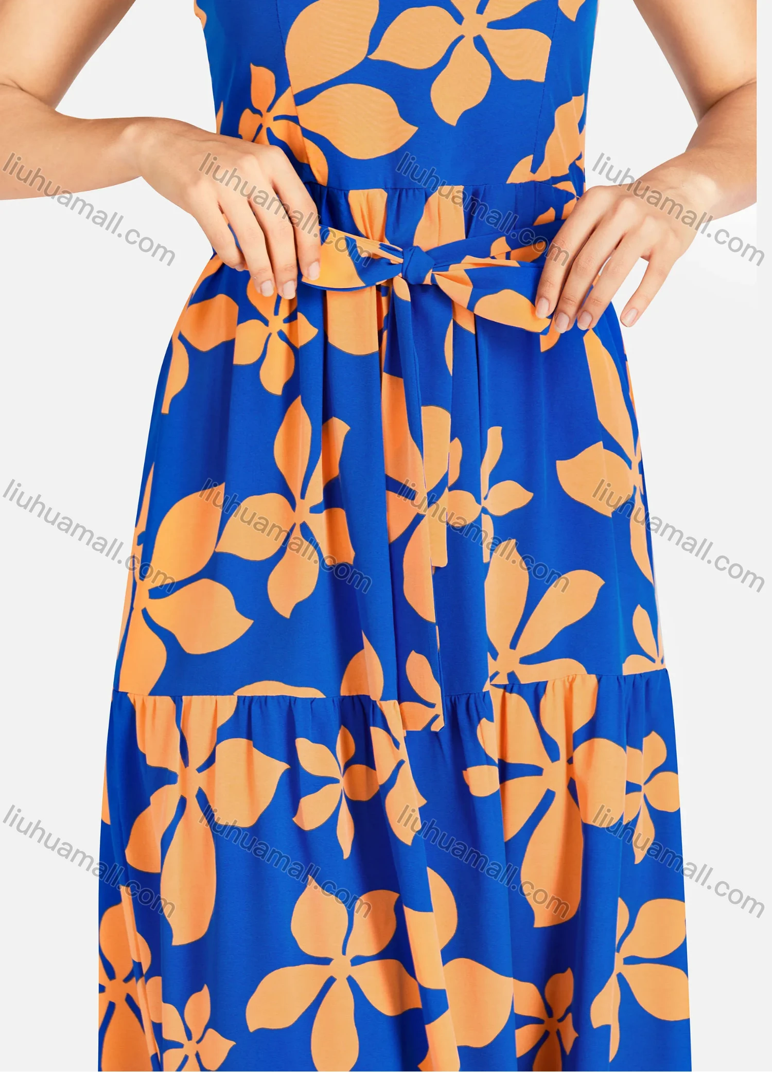 Wholesale Women's Casual Square Neck Floral Print Shirred Ruffle Hem Maxi Cami Dress With Belt - Liuhuamall