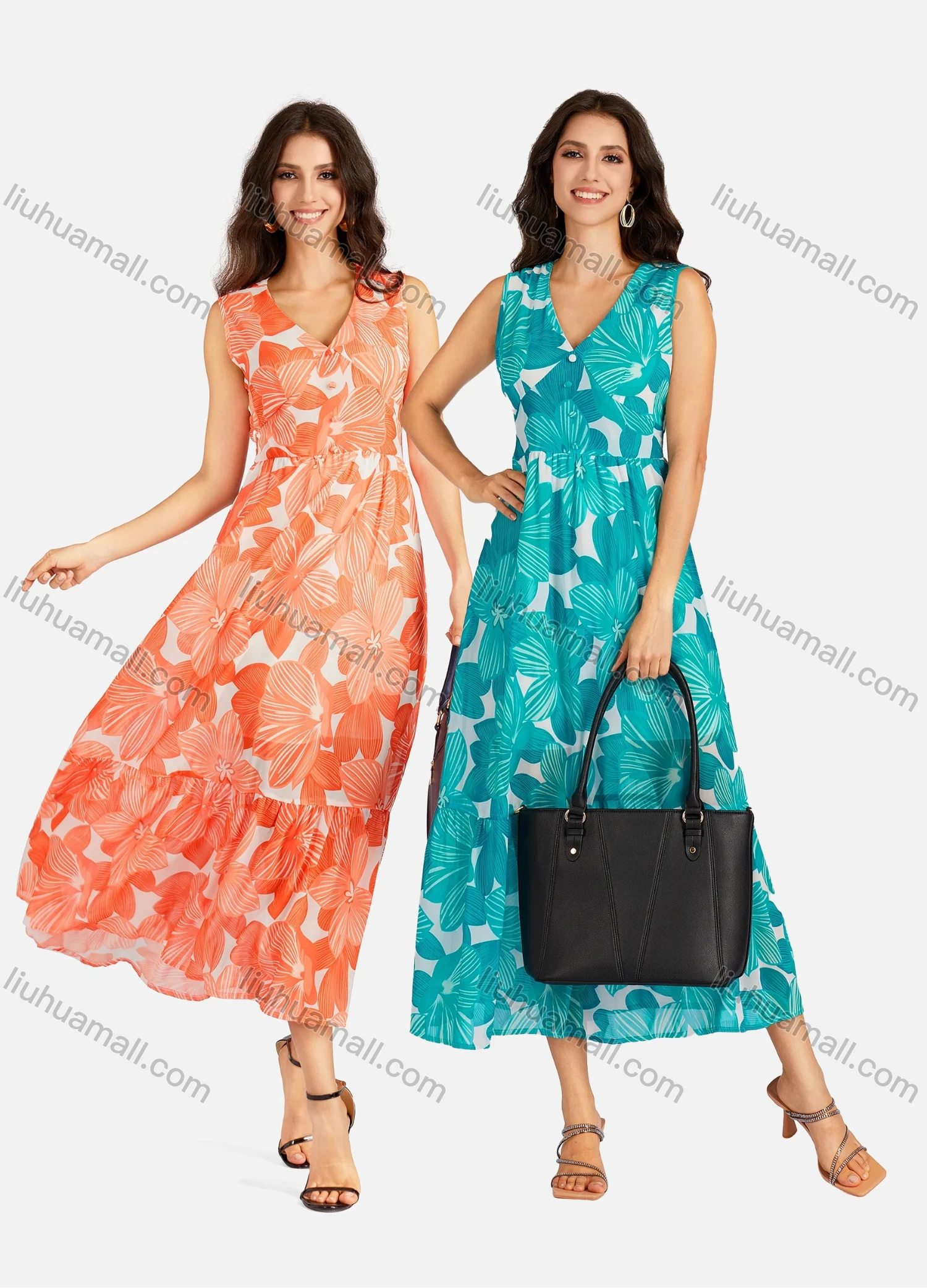 Wholesale Women's Casual Floral Print V Neck Button Decors Shirred Elastic Waist Ruffle Hem Maxi Tank Dress - Liuhuamall