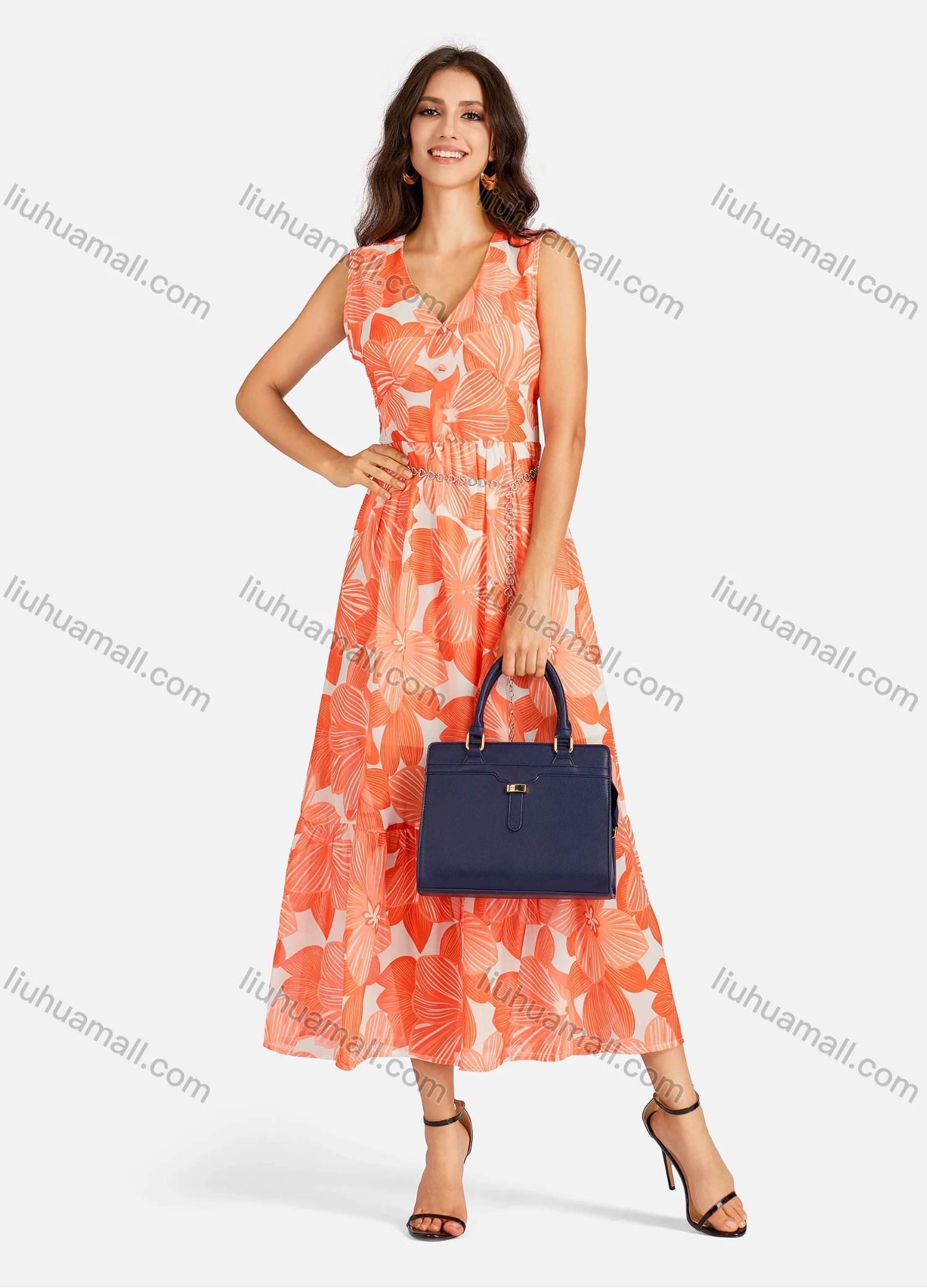 Wholesale Women's Casual Floral Print V Neck Button Decors Shirred Elastic Waist Ruffle Hem Maxi Tank Dress - Liuhuamall