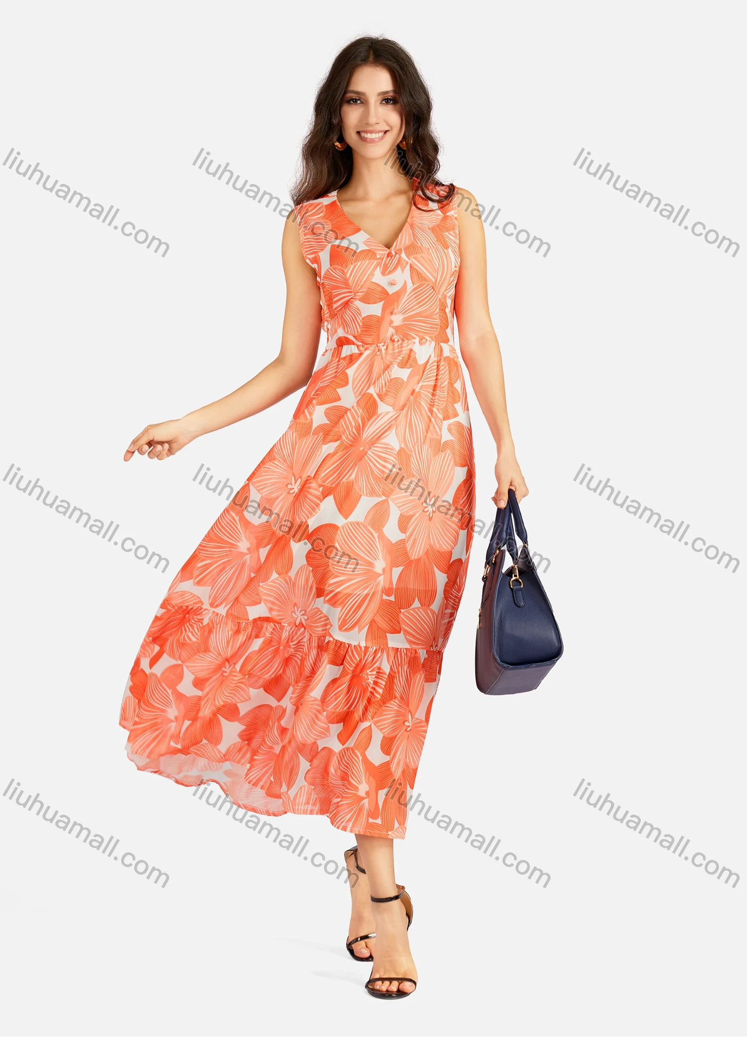 Wholesale Women's Casual Floral Print V Neck Button Decors Shirred Elastic Waist Ruffle Hem Maxi Tank Dress - Liuhuamall