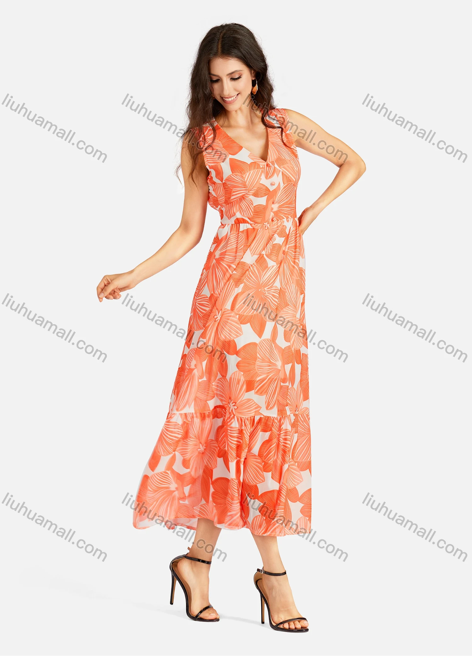 Wholesale Women's Casual Floral Print V Neck Button Decors Shirred Elastic Waist Ruffle Hem Maxi Tank Dress - Liuhuamall