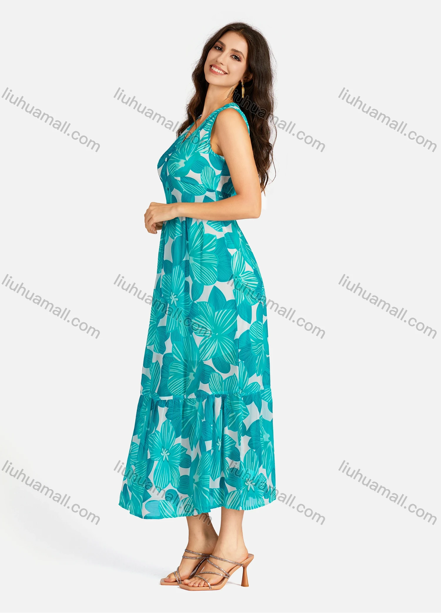 Wholesale Women's Casual Floral Print V Neck Button Decors Shirred Elastic Waist Ruffle Hem Maxi Tank Dress - Liuhuamall