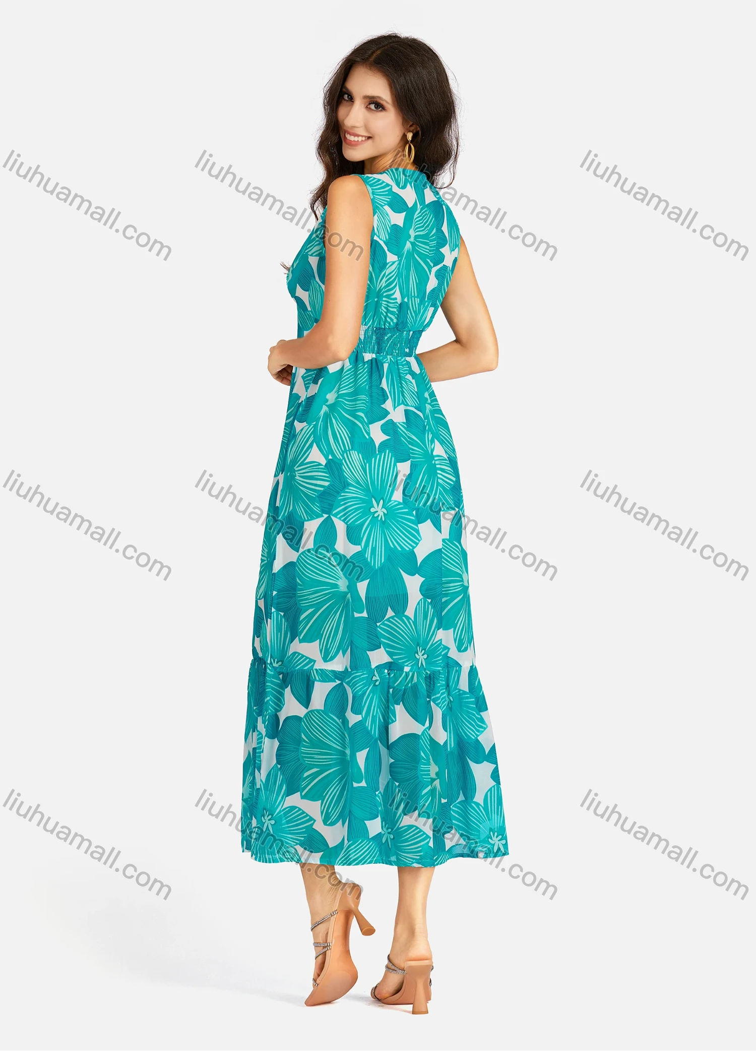 Wholesale Women's Casual Floral Print V Neck Button Decors Shirred Elastic Waist Ruffle Hem Maxi Tank Dress - Liuhuamall