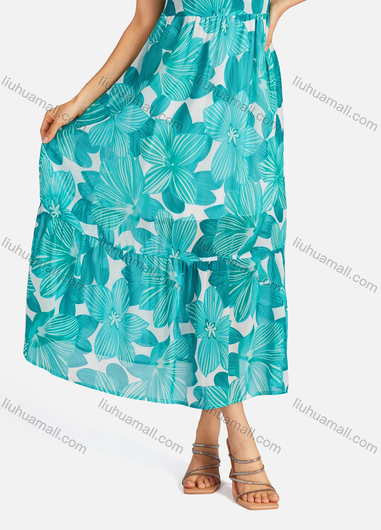 Wholesale Women's Casual Floral Print V Neck Button Decors Shirred Elastic Waist Ruffle Hem Maxi Tank Dress - Liuhuamall