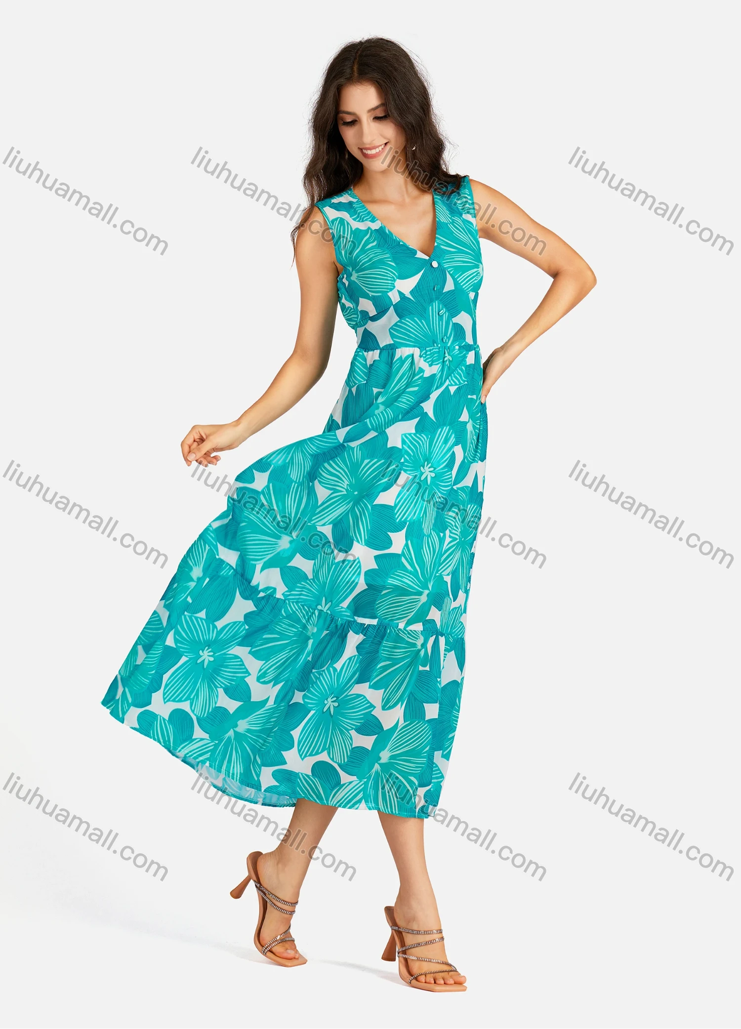 Wholesale Women's Casual Floral Print V Neck Button Decors Shirred Elastic Waist Ruffle Hem Maxi Tank Dress - Liuhuamall