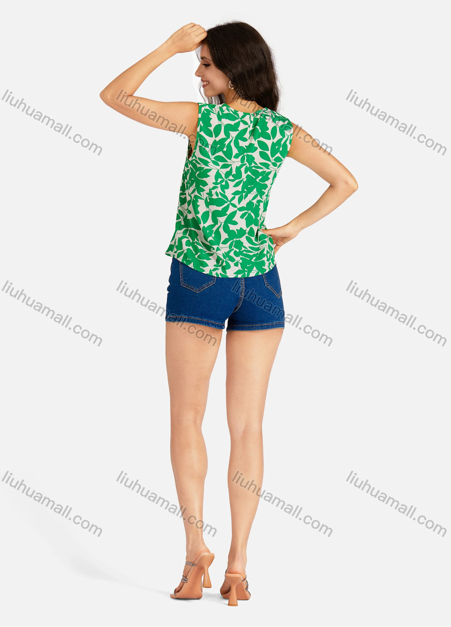 Wholesale Women's Casual Leaves Print V Neck Tank Top - Liuhuamall