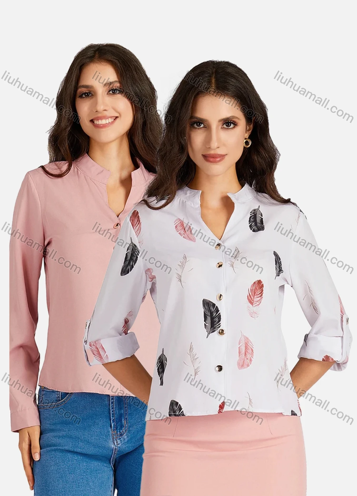Wholesale Women's Casual Allover Print & Plain Notched Neck Long Sleeve Buttons Down Blouse - Liuhuamall