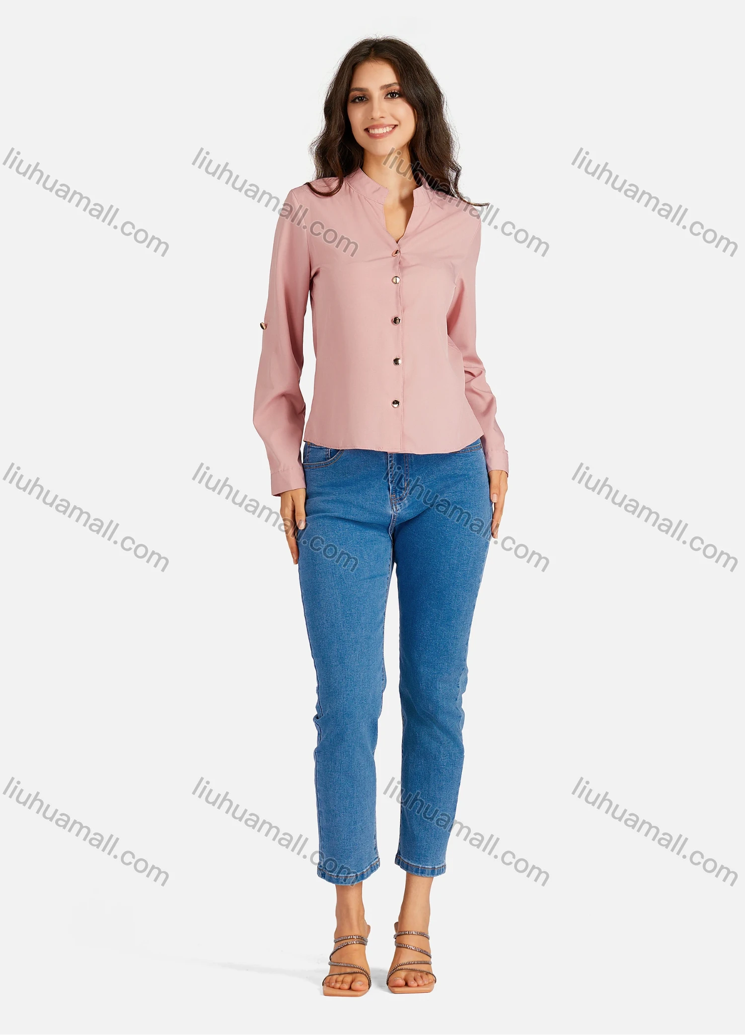 Wholesale Women's Casual Allover Print & Plain Notched Neck Long Sleeve Buttons Down Blouse - Liuhuamall