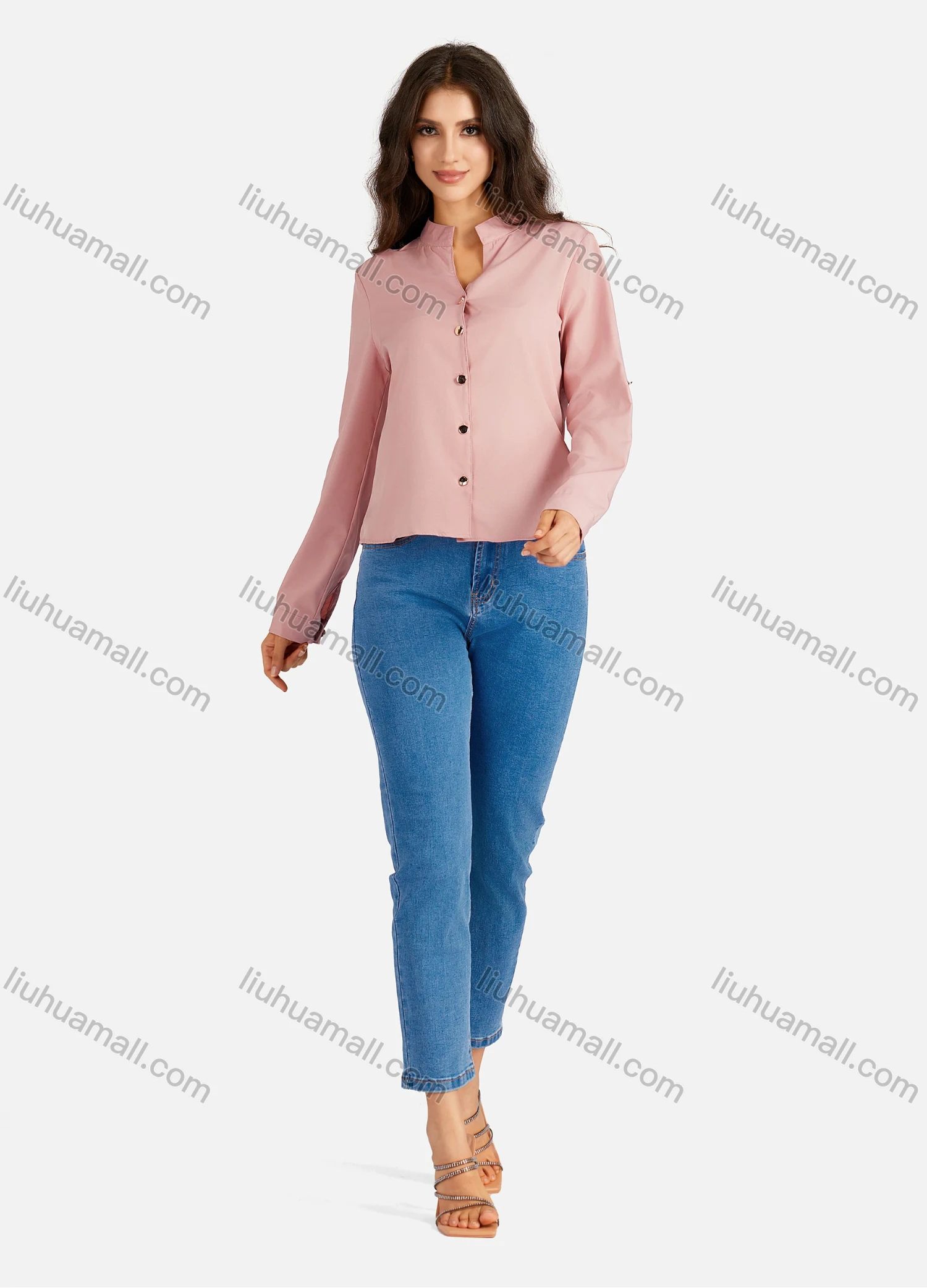 Wholesale Women's Casual Allover Print & Plain Notched Neck Long Sleeve Buttons Down Blouse - Liuhuamall