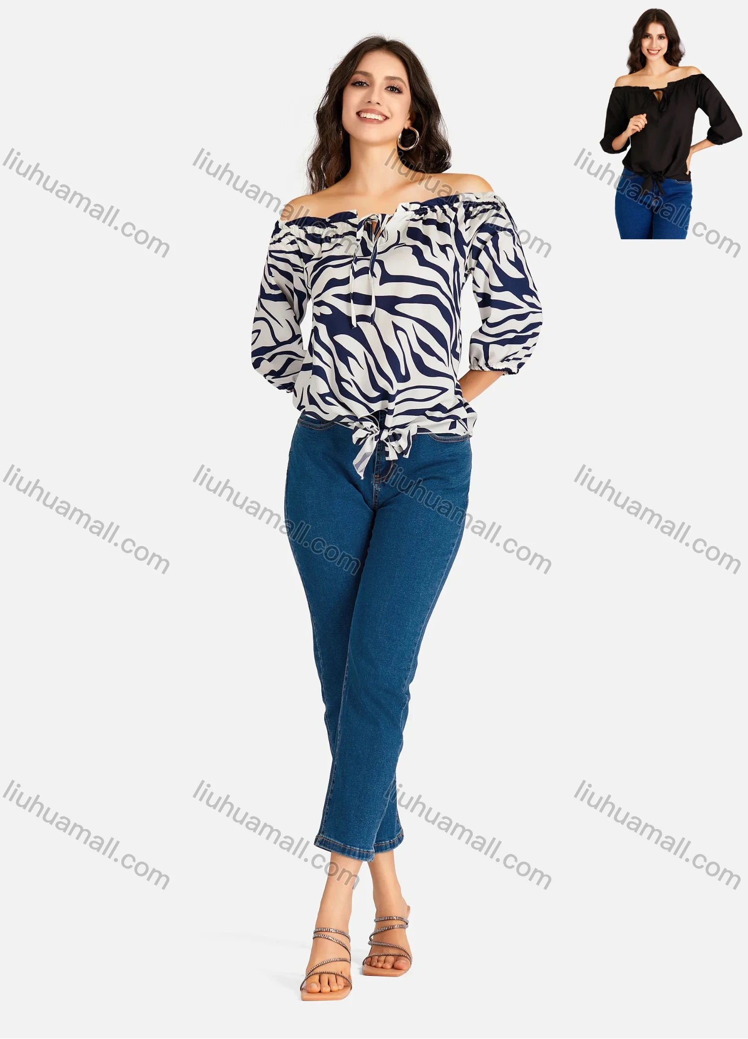 Wholesale Women's Casual Zebra Print & Plain Off Shoulder Ruffle Trim 3/4 Sleeve Blouse - Liuhuamall