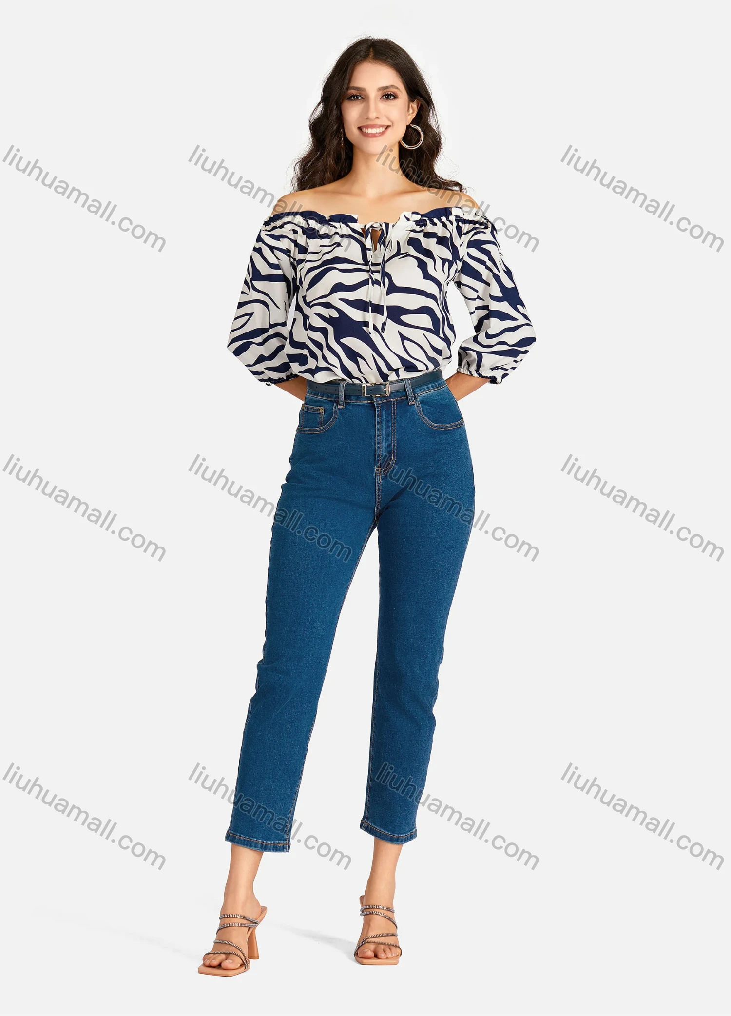 Wholesale Women's Casual Zebra Print & Plain Off Shoulder Ruffle Trim 3/4 Sleeve Blouse - Liuhuamall