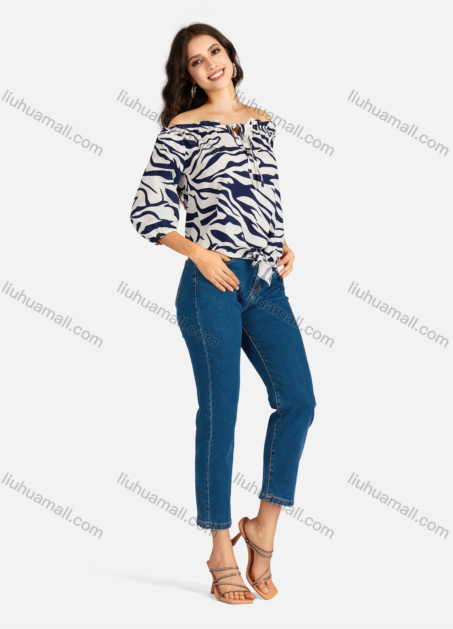 Wholesale Women's Casual Zebra Print & Plain Off Shoulder Ruffle Trim 3/4 Sleeve Blouse - Liuhuamall