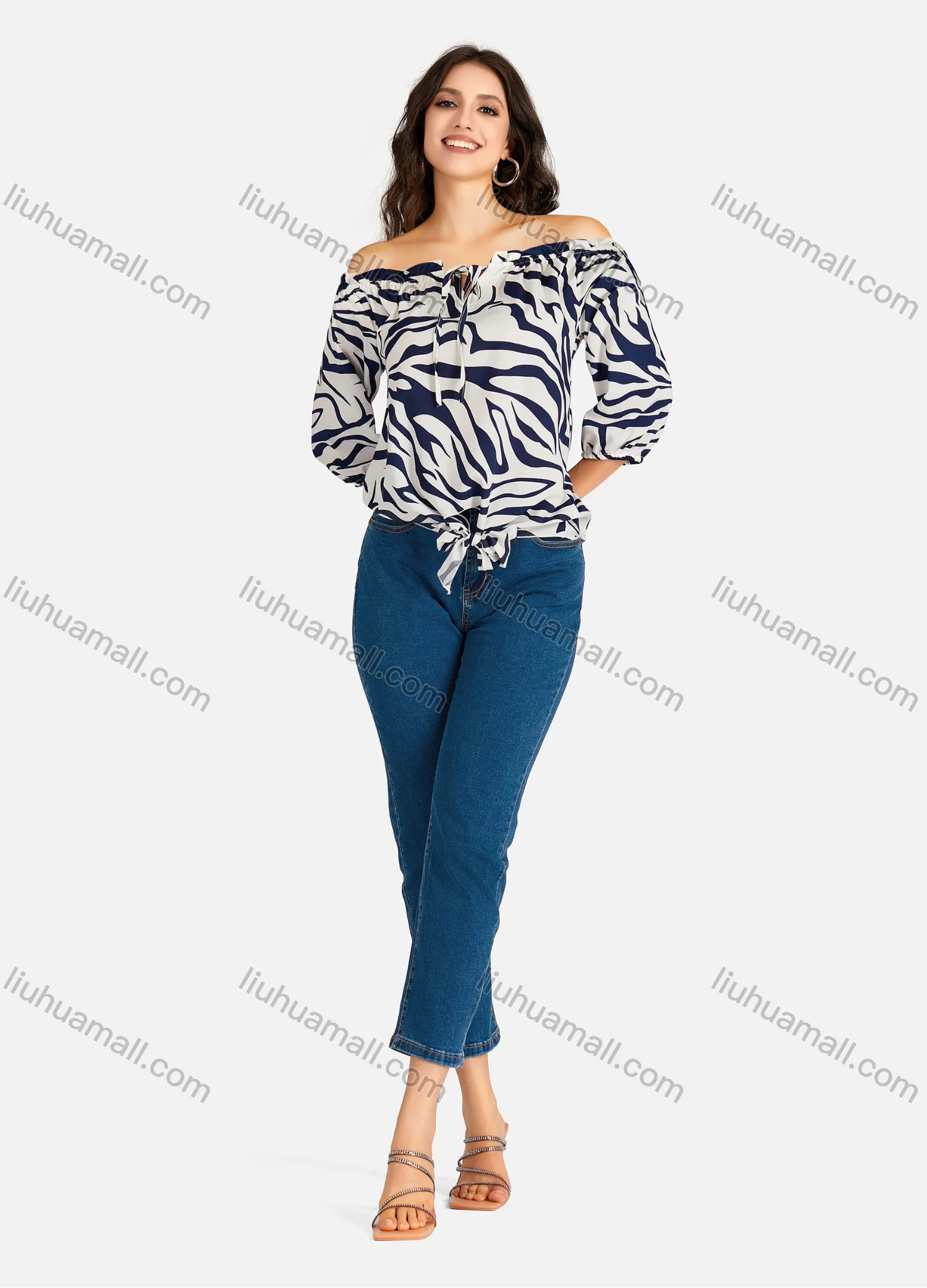 Wholesale Women's Casual Zebra Print & Plain Off Shoulder Ruffle Trim 3/4 Sleeve Blouse - Liuhuamall