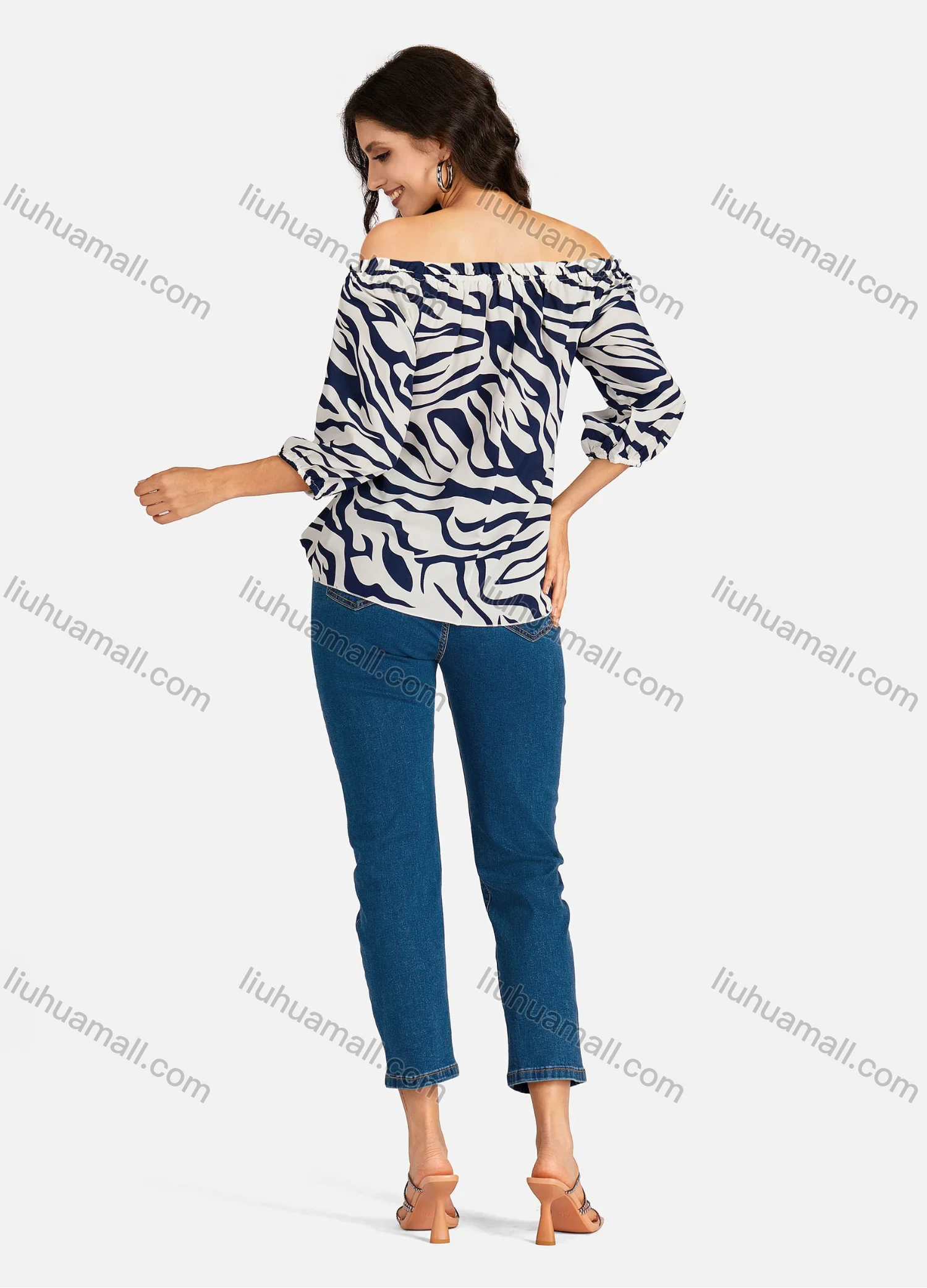 Wholesale Women's Casual Zebra Print & Plain Off Shoulder Ruffle Trim 3/4 Sleeve Blouse - Liuhuamall