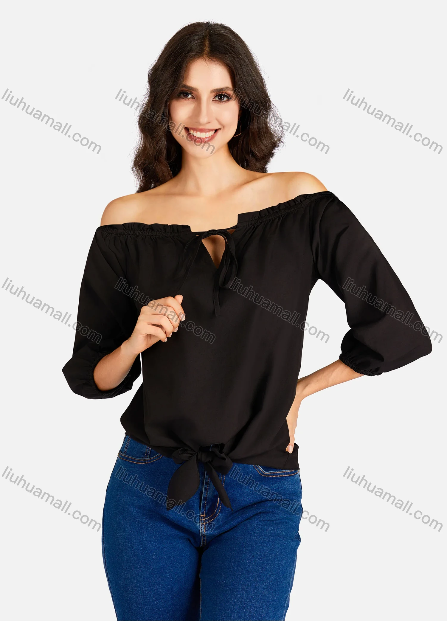 Wholesale Women's Casual Zebra Print & Plain Off Shoulder Ruffle Trim 3/4 Sleeve Blouse - Liuhuamall