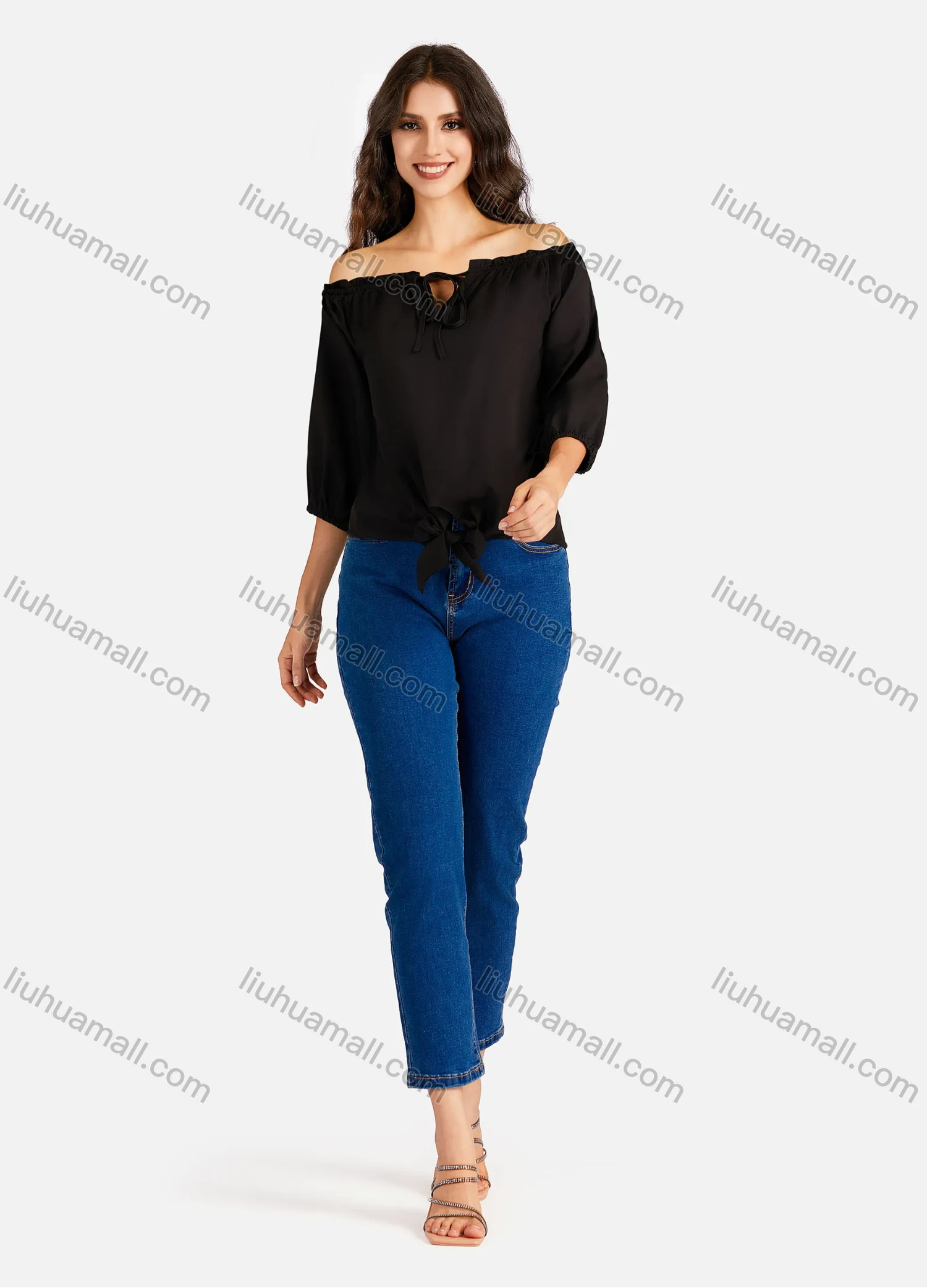 Wholesale Women's Casual Zebra Print & Plain Off Shoulder Ruffle Trim 3/4 Sleeve Blouse - Liuhuamall