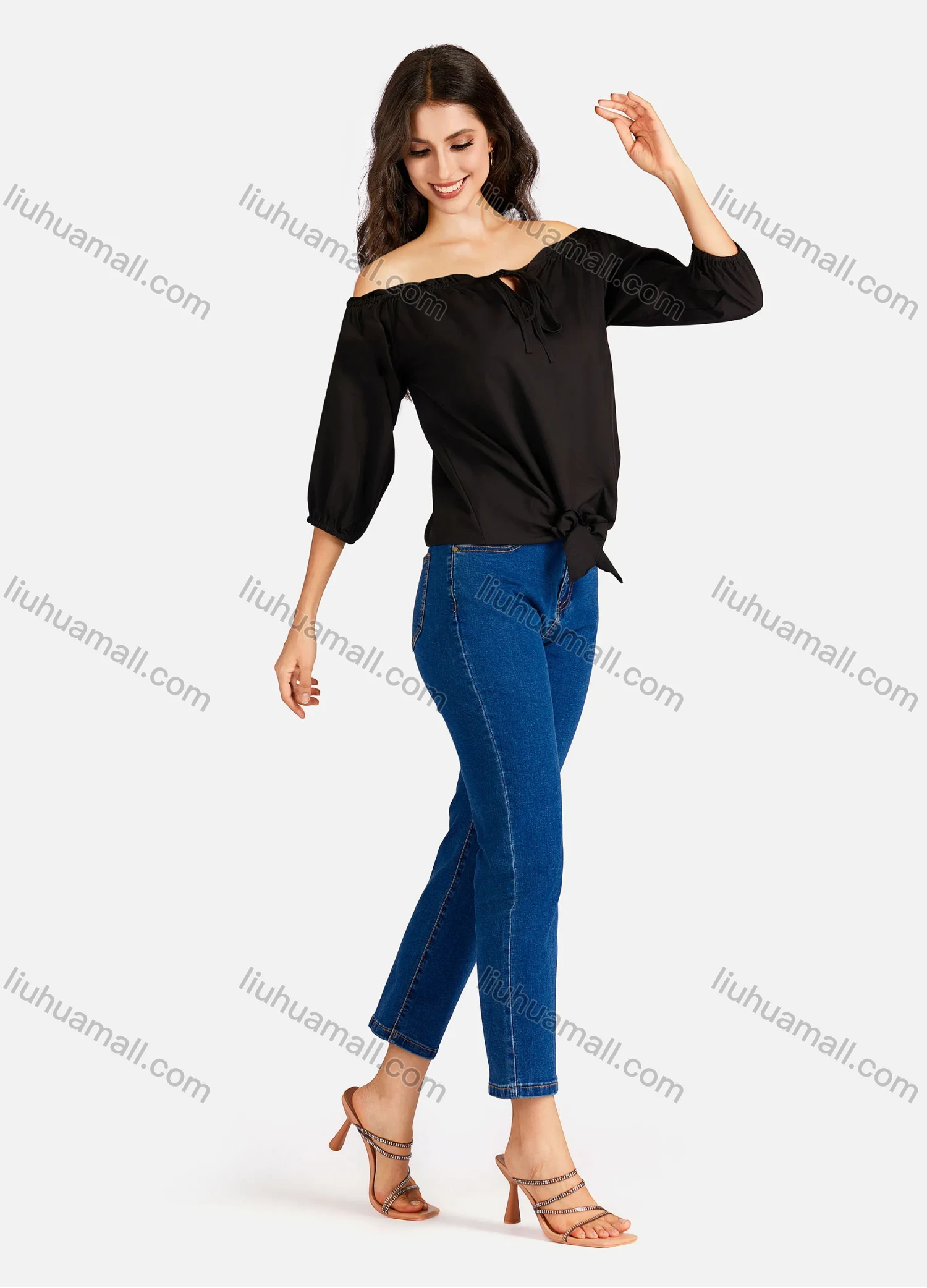 Wholesale Women's Casual Zebra Print & Plain Off Shoulder Ruffle Trim 3/4 Sleeve Blouse - Liuhuamall