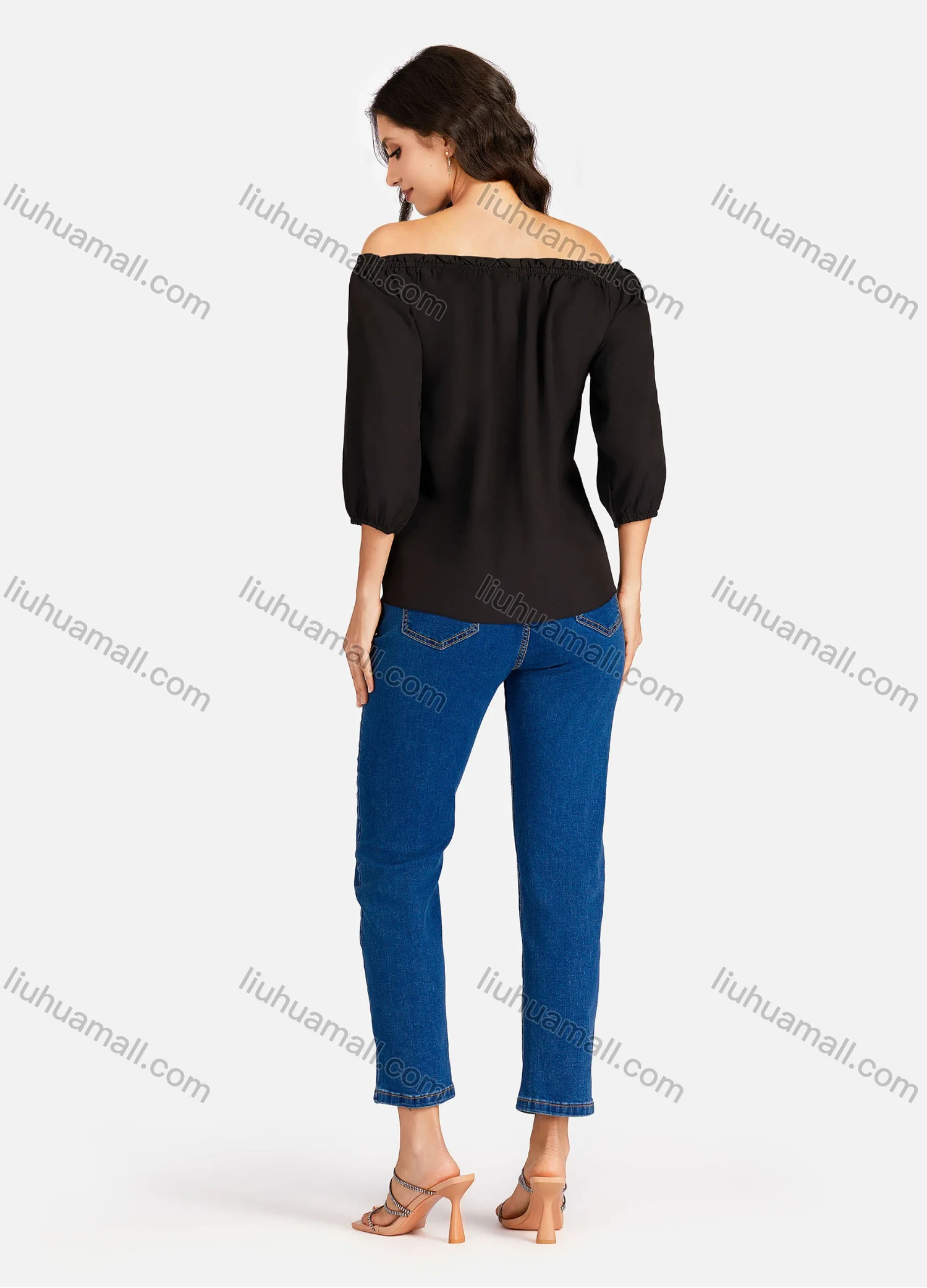 Wholesale Women's Casual Zebra Print & Plain Off Shoulder Ruffle Trim 3/4 Sleeve Blouse - Liuhuamall