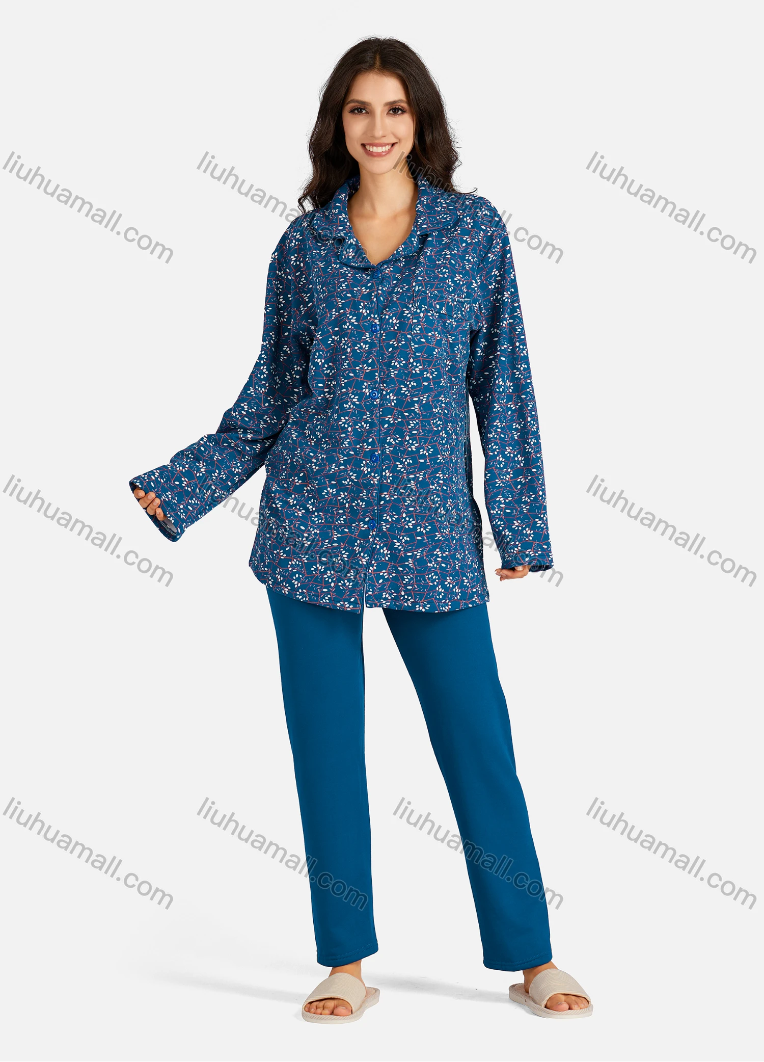 Wholesale Women's Collared Floral Print Long Sleeve Lounge Pajama 2 Piece Set - Liuhuamall