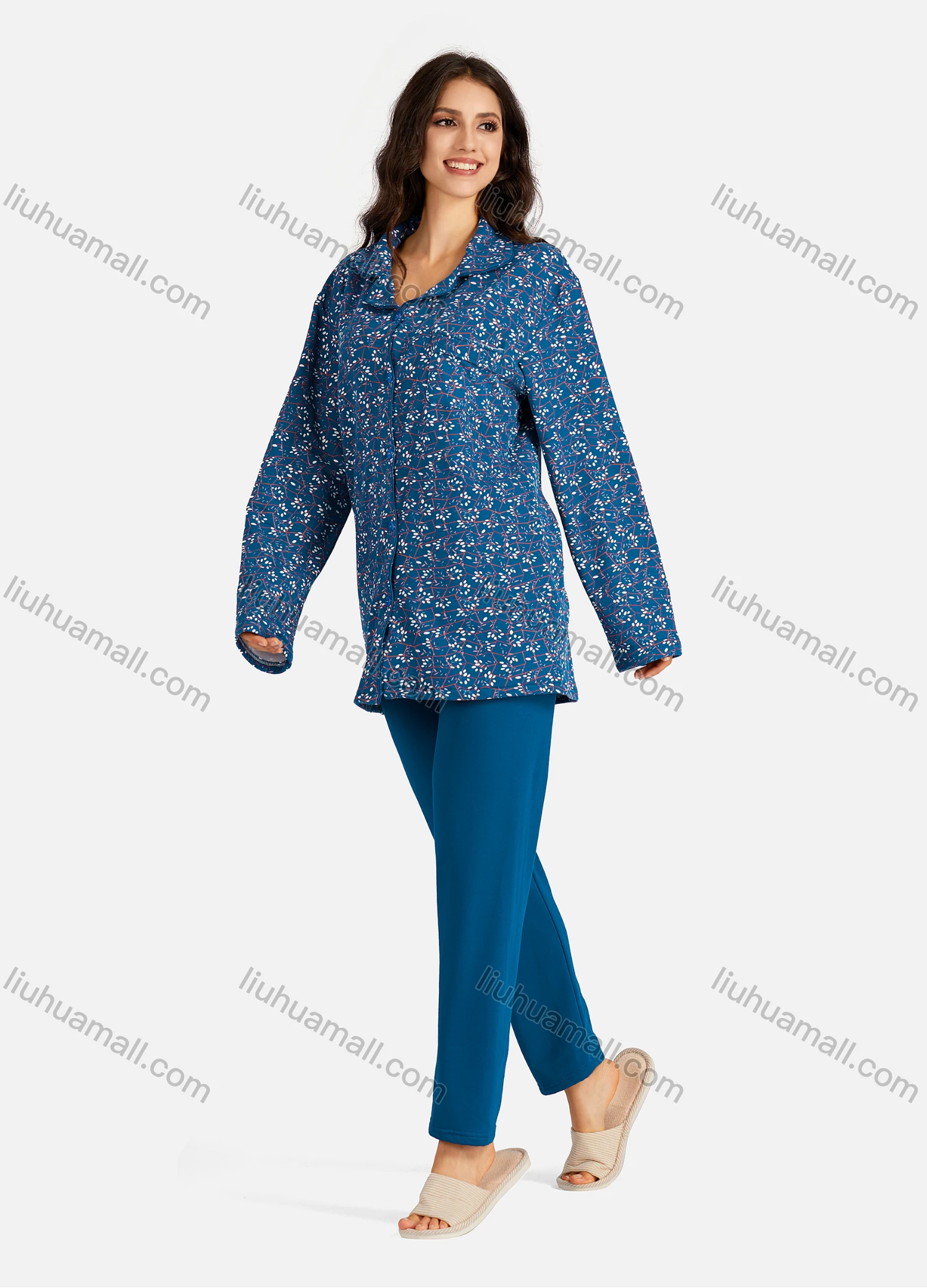 Wholesale Women's Collared Floral Print Long Sleeve Lounge Pajama 2 Piece Set - Liuhuamall