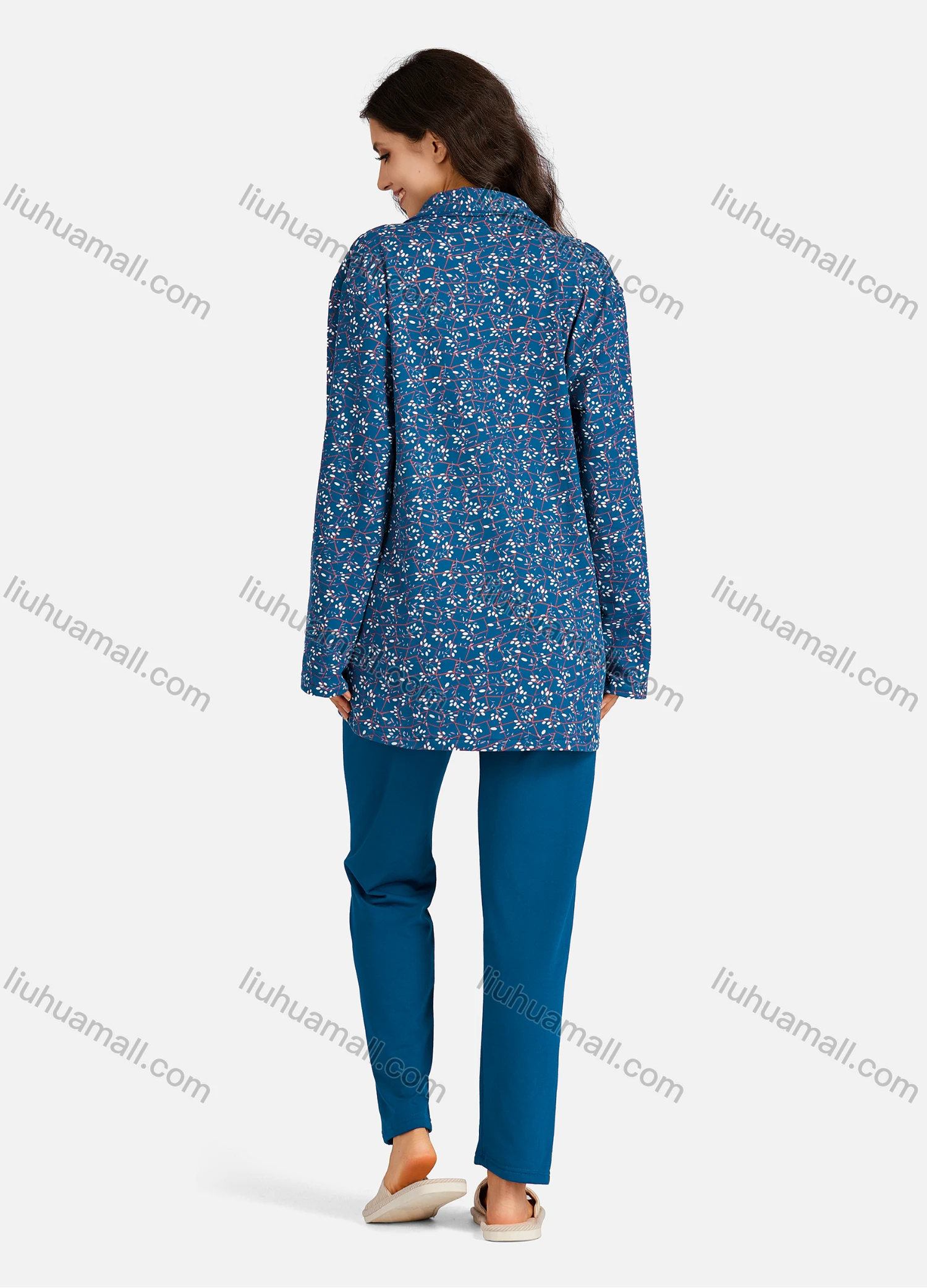Wholesale Women's Collared Floral Print Long Sleeve Lounge Pajama 2 Piece Set - Liuhuamall