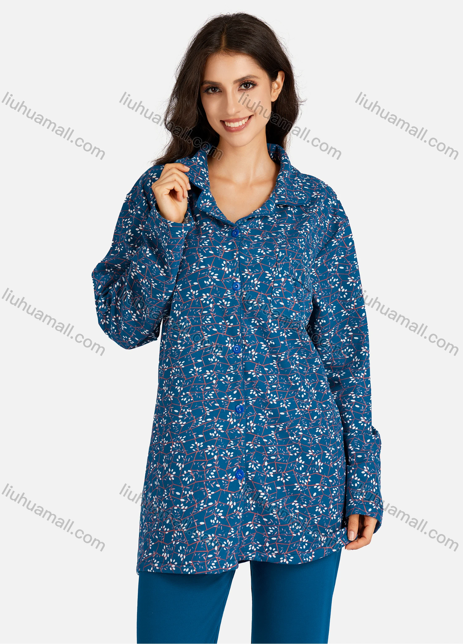 Wholesale Women's Collared Floral Print Long Sleeve Lounge Pajama 2 Piece Set - Liuhuamall