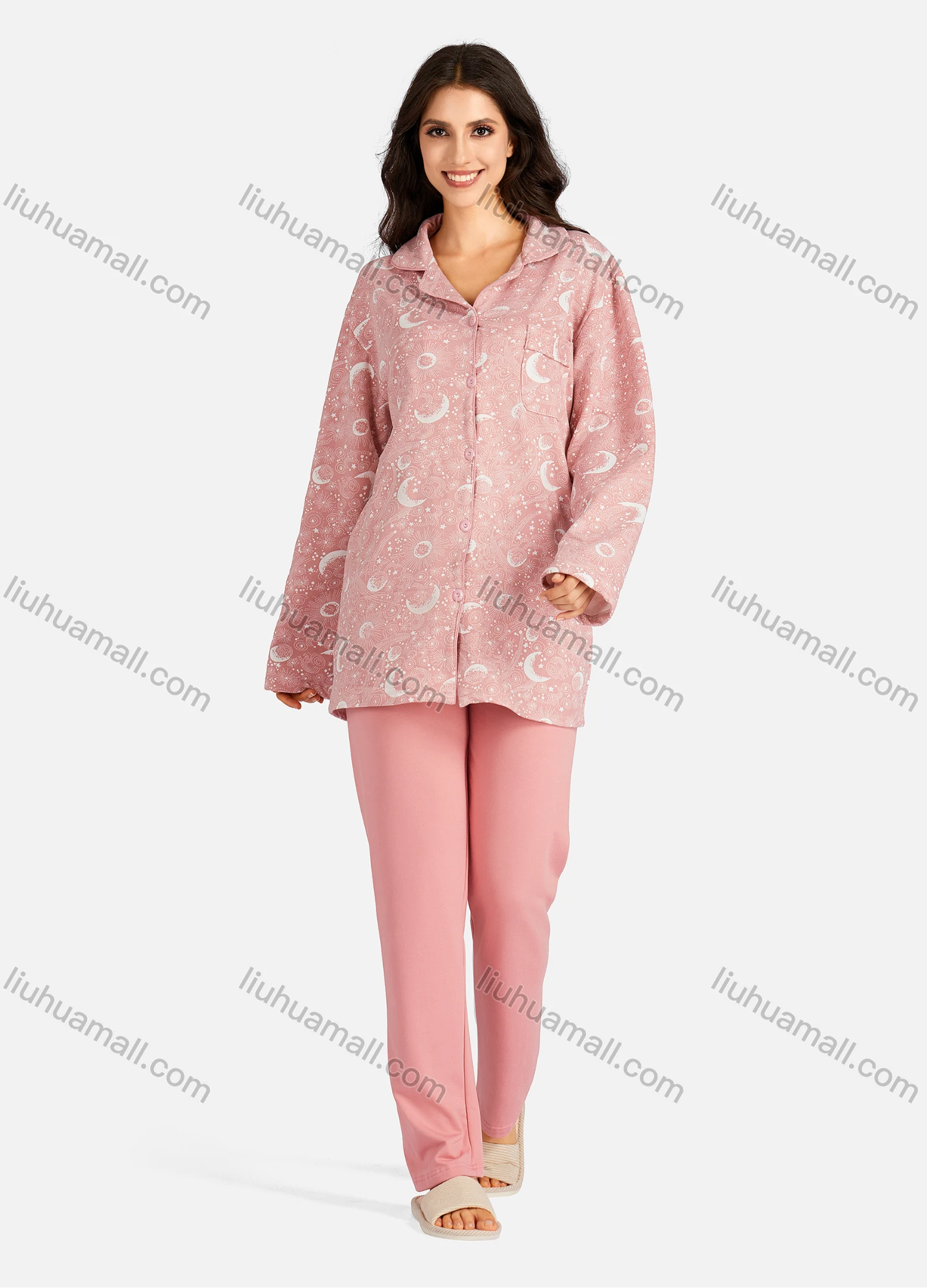 Wholesale Women's Collared Allover Print Long Sleeve Lounge Pajama 2 Piece Set - Liuhuamall