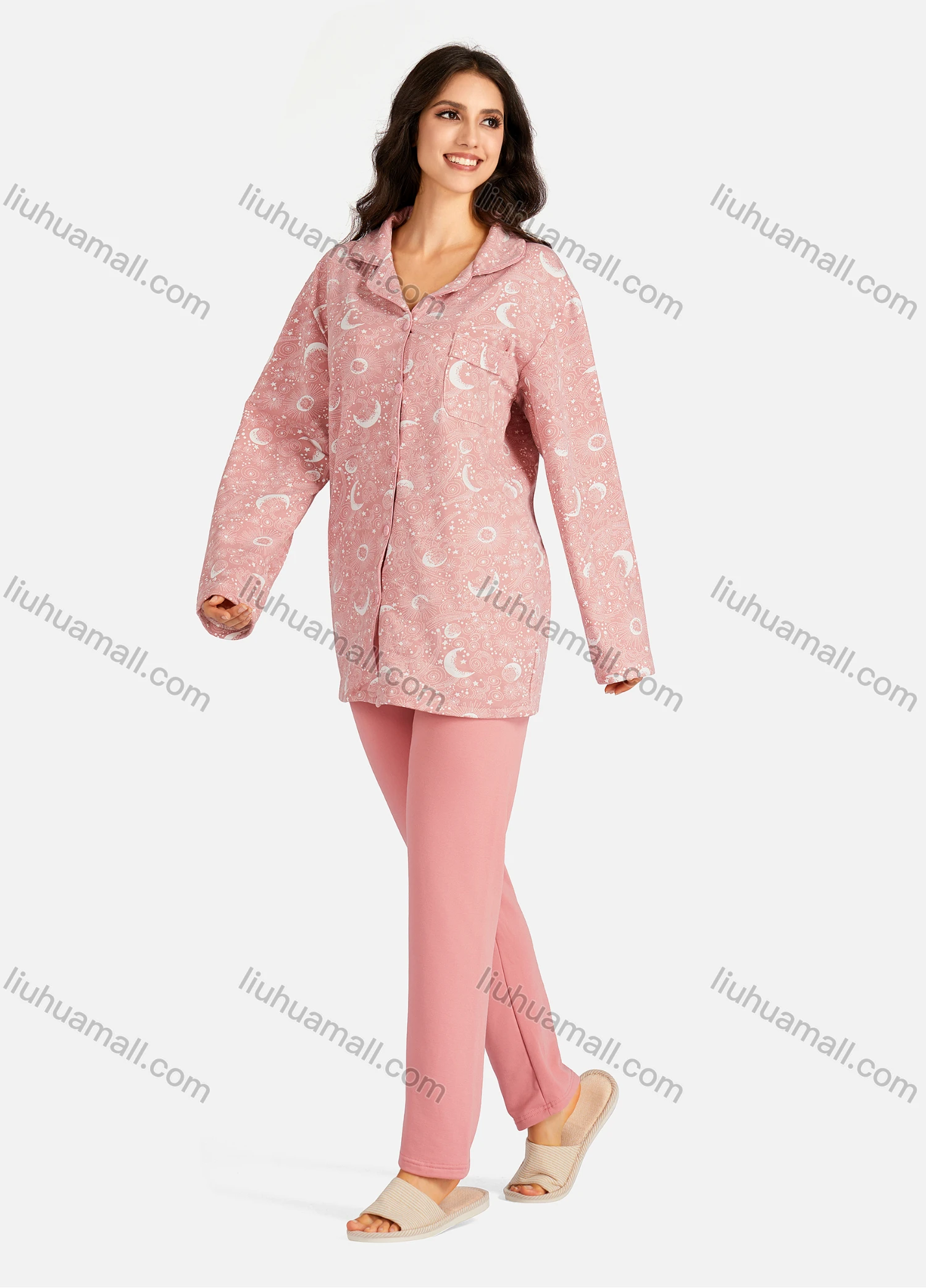 Wholesale Women's Collared Allover Print Long Sleeve Lounge Pajama 2 Piece Set - Liuhuamall