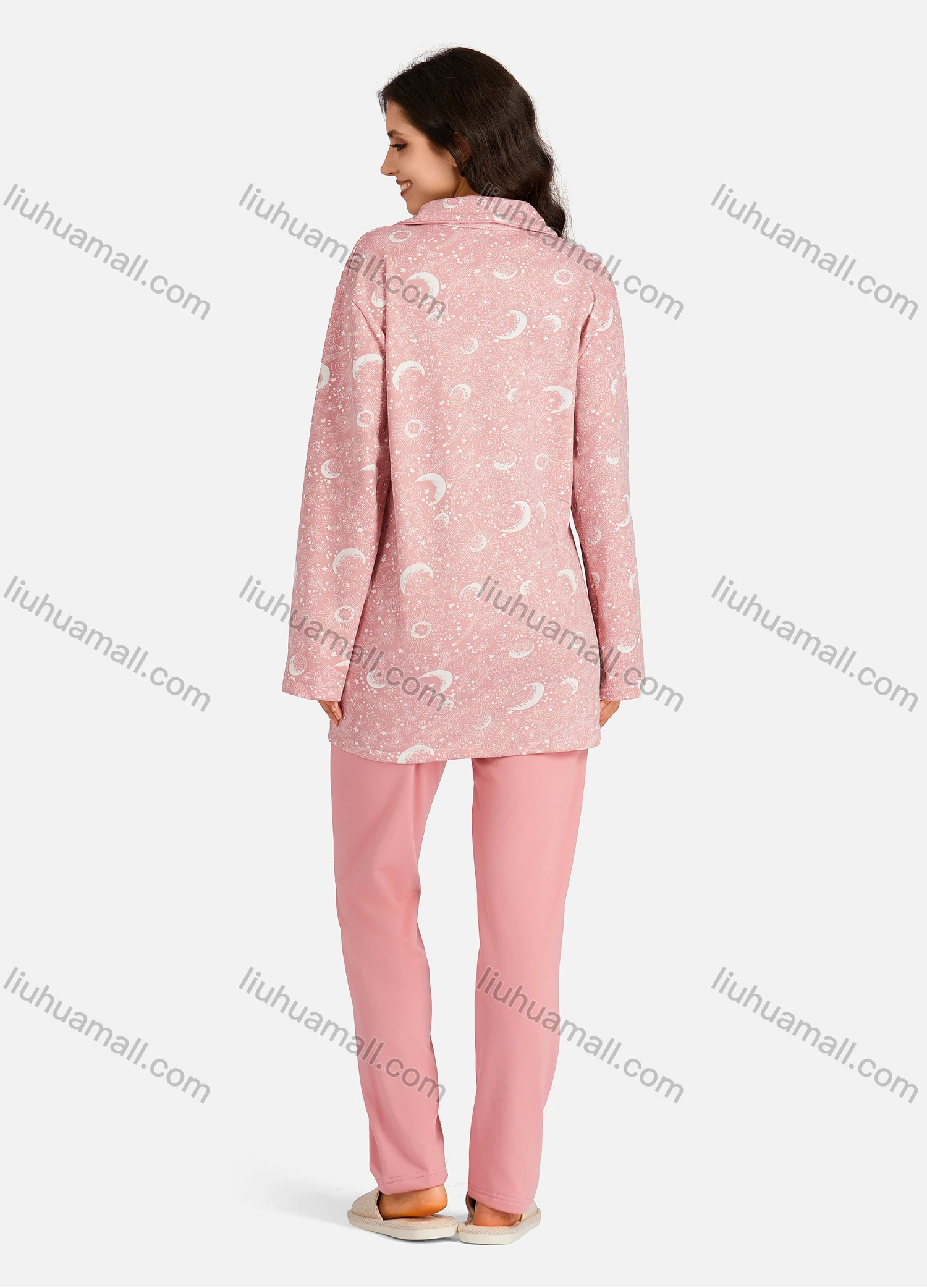 Wholesale Women's Collared Allover Print Long Sleeve Lounge Pajama 2 Piece Set - Liuhuamall
