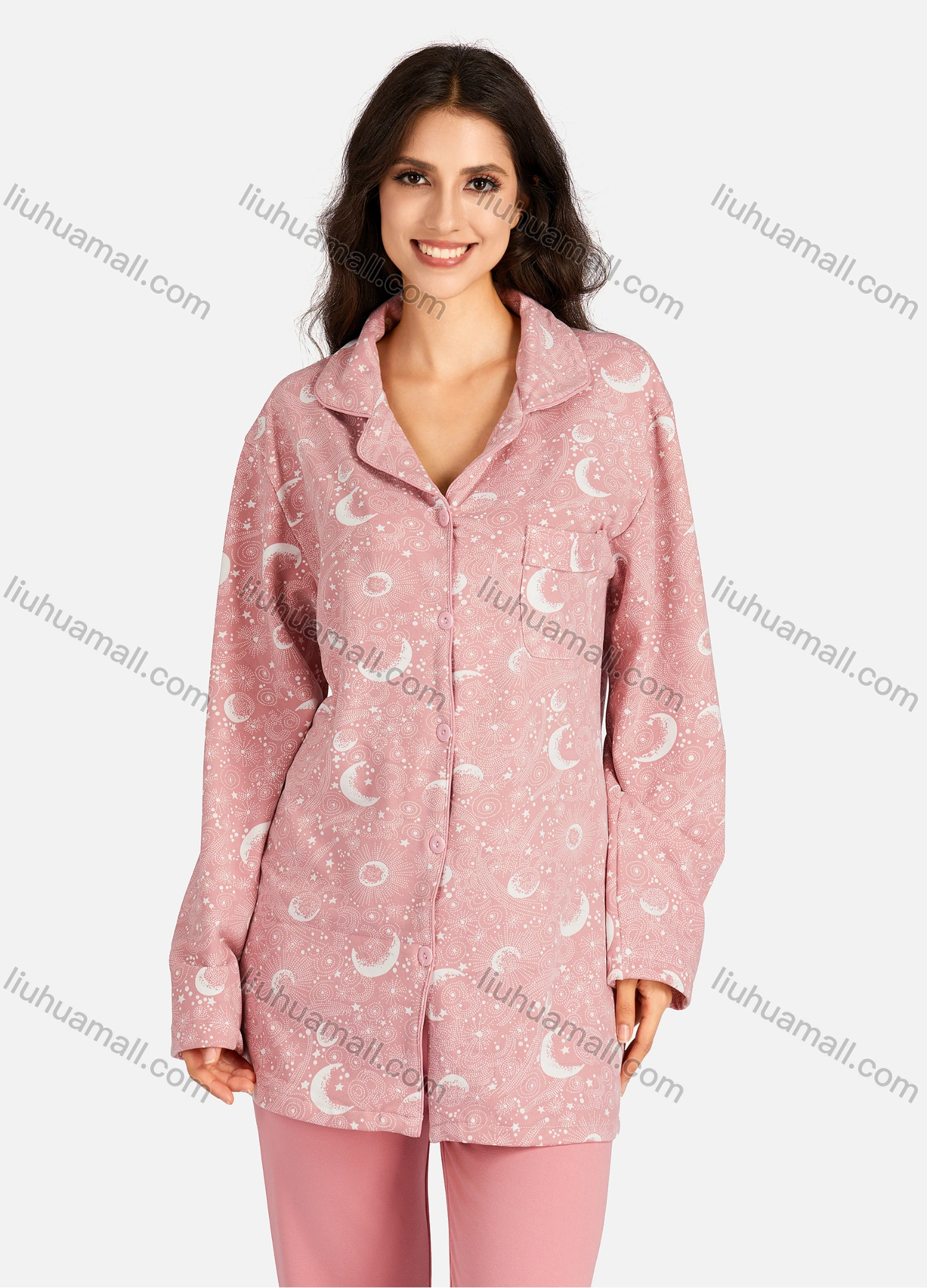 Wholesale Women's Collared Allover Print Long Sleeve Lounge Pajama 2 Piece Set - Liuhuamall