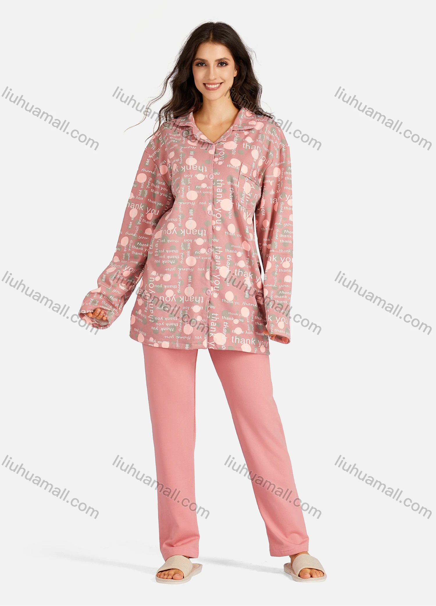 Wholesale Women's Collared Allover Font Print Long Sleeve Lounge Pajama 2 Piece Set - Liuhuamall