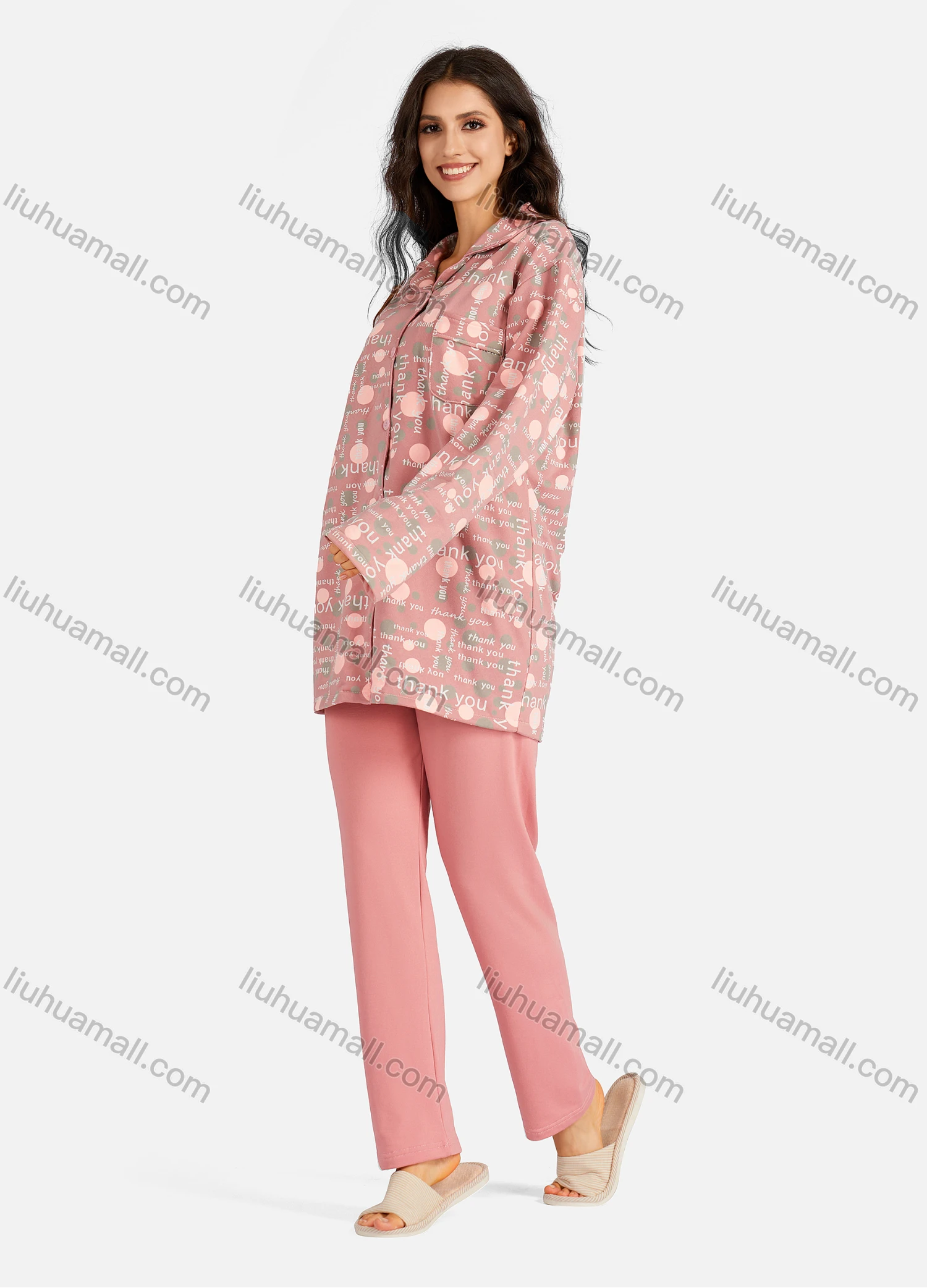 Wholesale Women's Collared Allover Font Print Long Sleeve Lounge Pajama 2 Piece Set - Liuhuamall