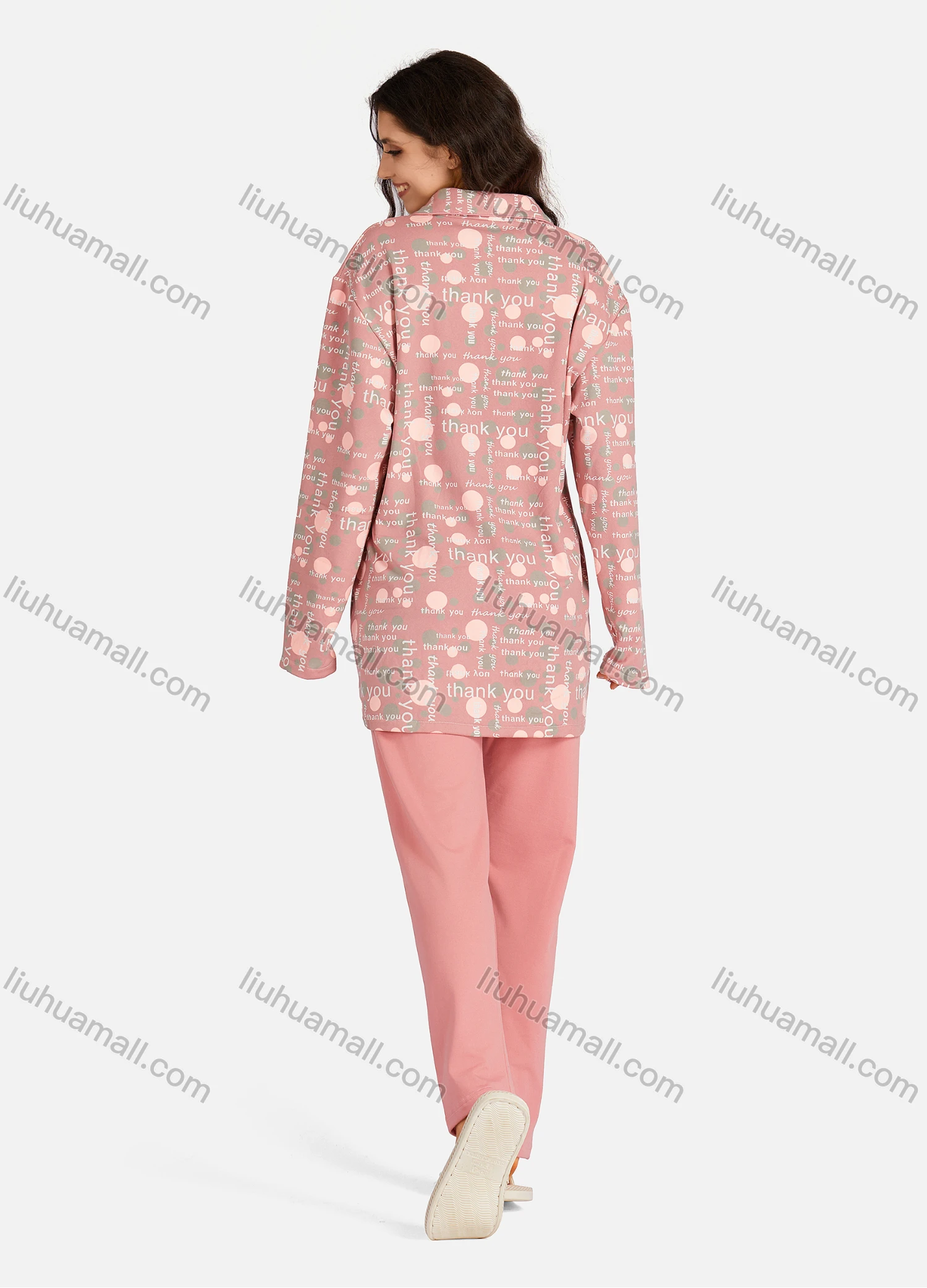 Wholesale Women's Collared Allover Font Print Long Sleeve Lounge Pajama 2 Piece Set - Liuhuamall
