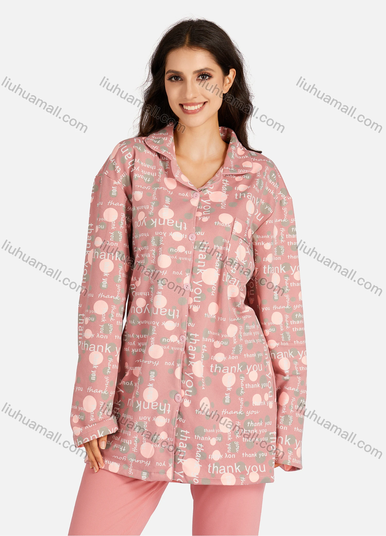 Wholesale Women's Collared Allover Font Print Long Sleeve Lounge Pajama 2 Piece Set - Liuhuamall
