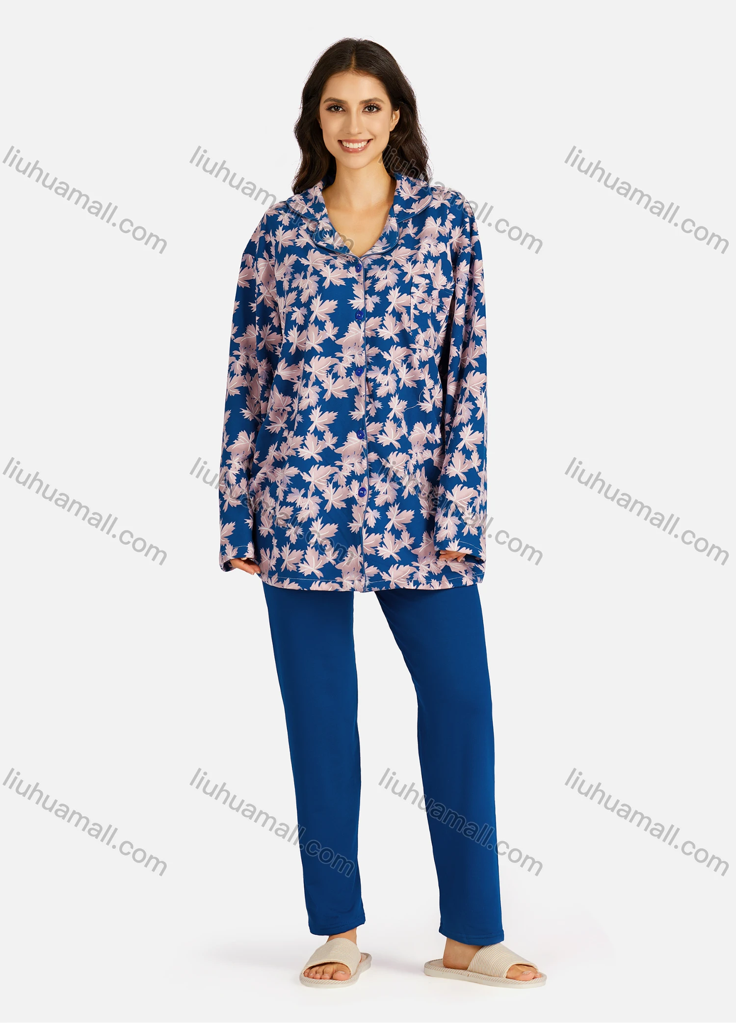 Wholesale Women's Collared Allover Leaf Print Long Sleeve Lounge Pajama 2 Piece Set - Liuhuamall