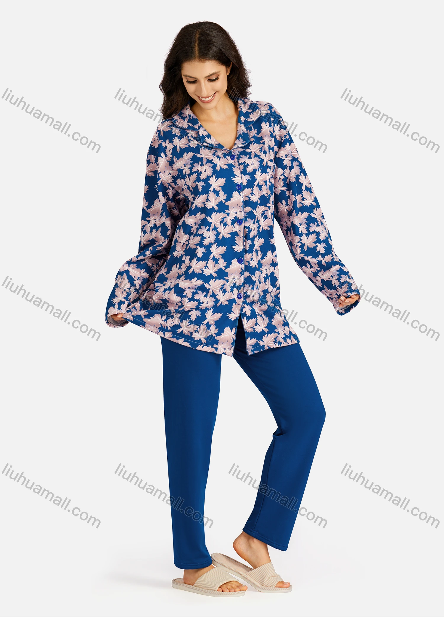Wholesale Women's Collared Allover Leaf Print Long Sleeve Lounge Pajama 2 Piece Set - Liuhuamall