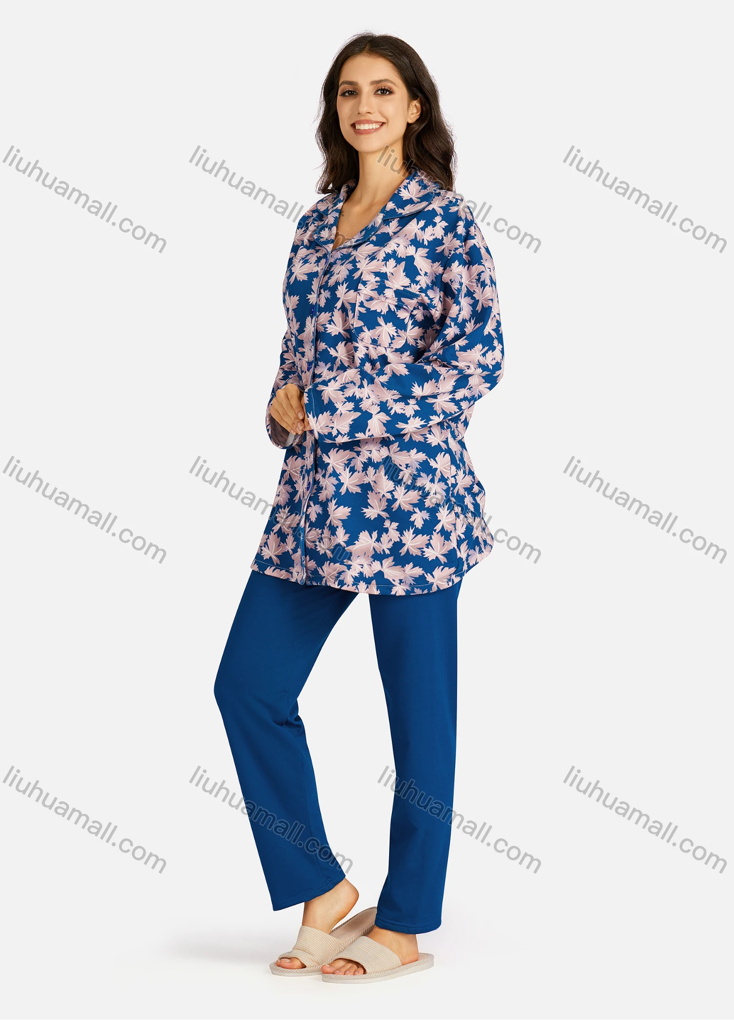 Wholesale Women's Collared Allover Leaf Print Long Sleeve Lounge Pajama 2 Piece Set - Liuhuamall
