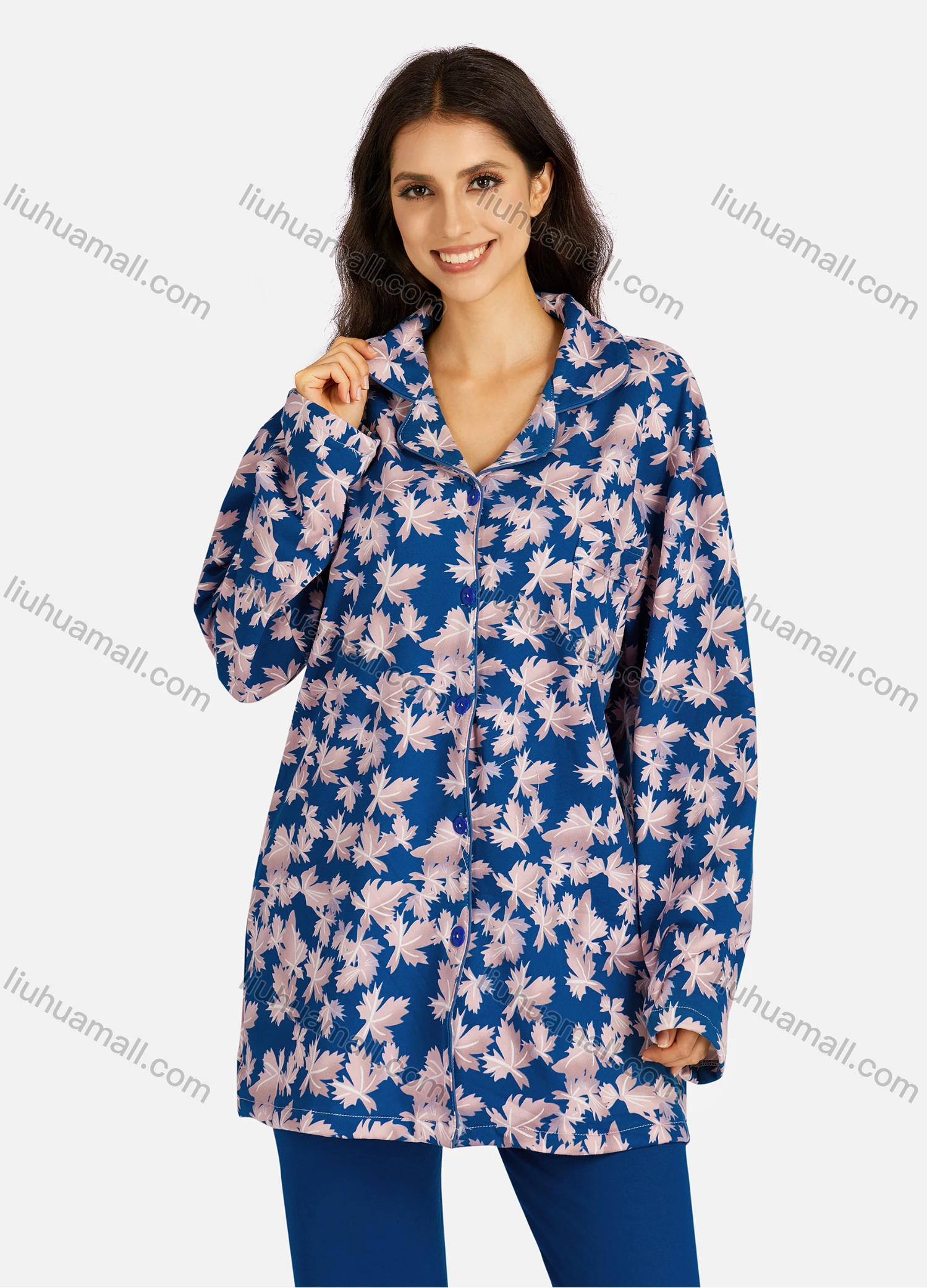 Wholesale Women's Collared Allover Leaf Print Long Sleeve Lounge Pajama 2 Piece Set - Liuhuamall