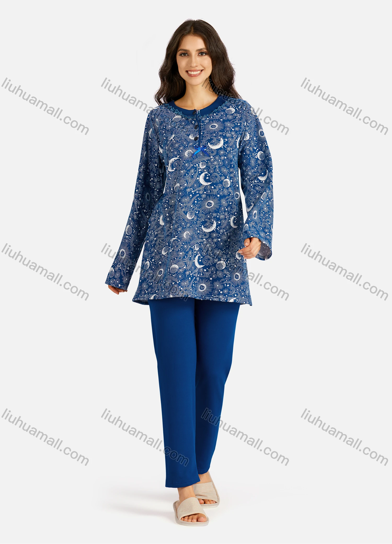 Wholesale Women's Henley Collar Allover Print Long Sleeve Lounge Pajama 2 Piece Set - Liuhuamall